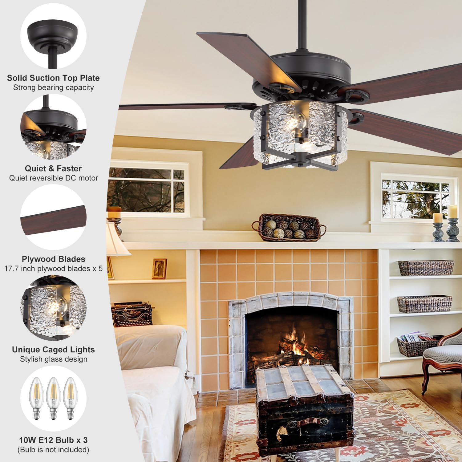 52 Inch Modern Farmhouse Ceiling Fan with Light Kit & Remote, Ultra Quiet DC Motor, Reversible 5-Blade Design, Antique Light Fixture, Dual Downrod for Low/High Ceilings - Vintage Black