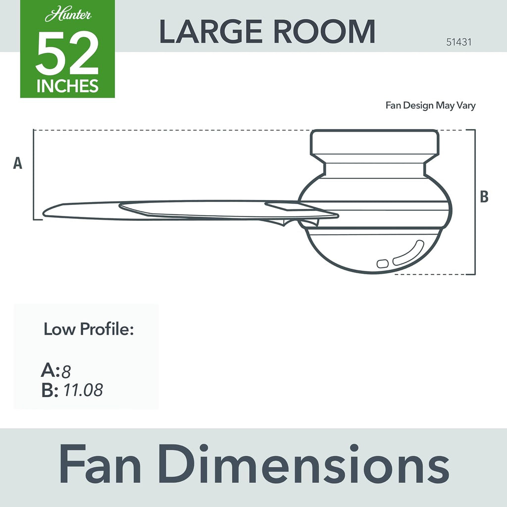 Hunter 52 inch Indoor Ceiling Fan with Light and Remote Control - For Bedroom or Living Room, Low Profile Flush Mount, Modern Ceiling Fan with LED Light, Quiet, 3 Blades- Minimus 51431, Brushed Nickel