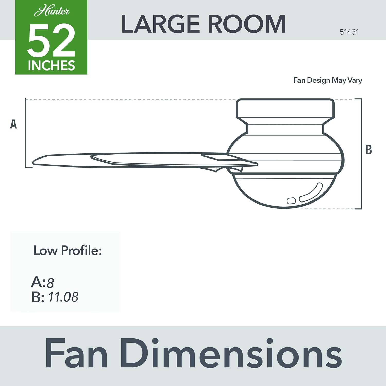 Hunter 52 inch Indoor Ceiling Fan with Light and Remote Control - For Bedroom or Living Room, Low Profile Flush Mount, Modern Ceiling Fan with LED Light, Quiet, 3 Blades- Minimus 51431, Brushed Nickel