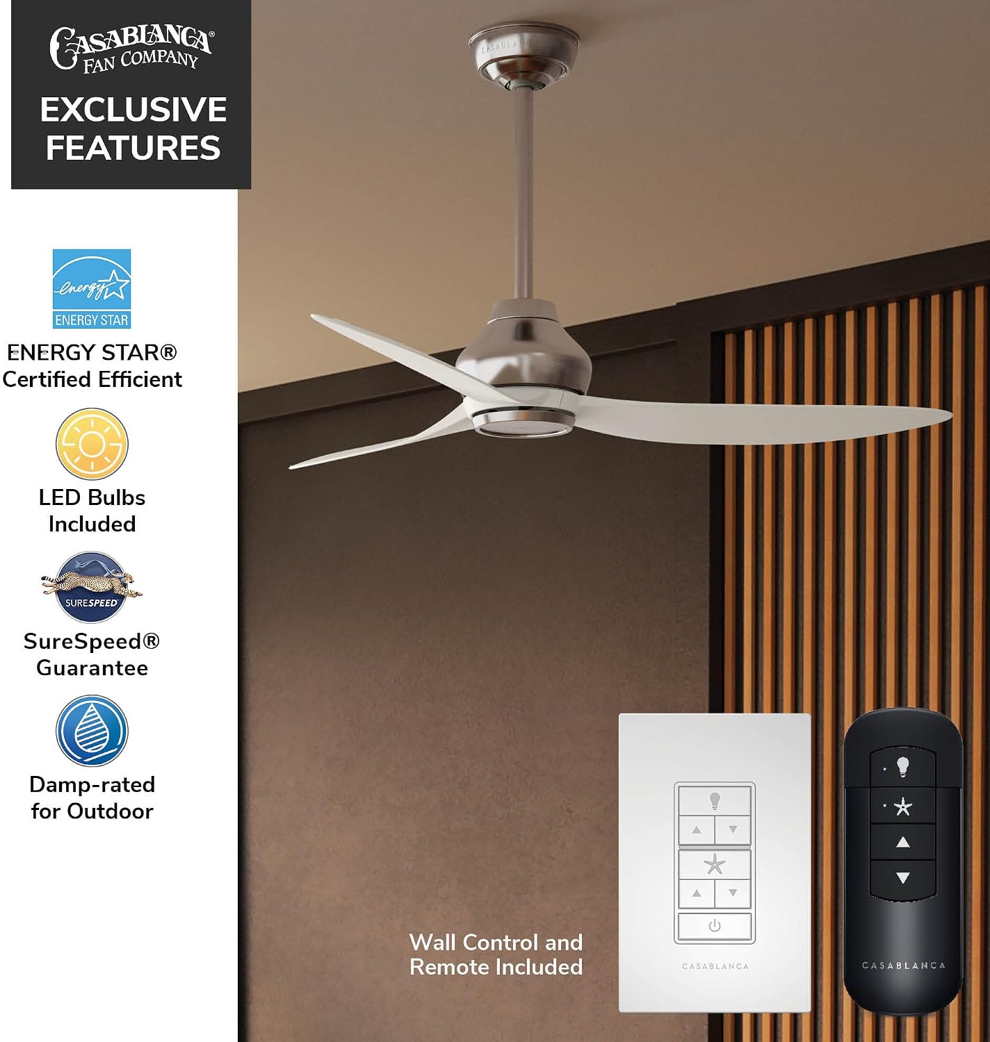 Casablanca - Eyla Indoor/Outdoor Ceiling Fan, 52-inch, 6-speed DC Motor, Energy Star, for porches, patios, sunrooms, bathrooms (Brushed Nickel)