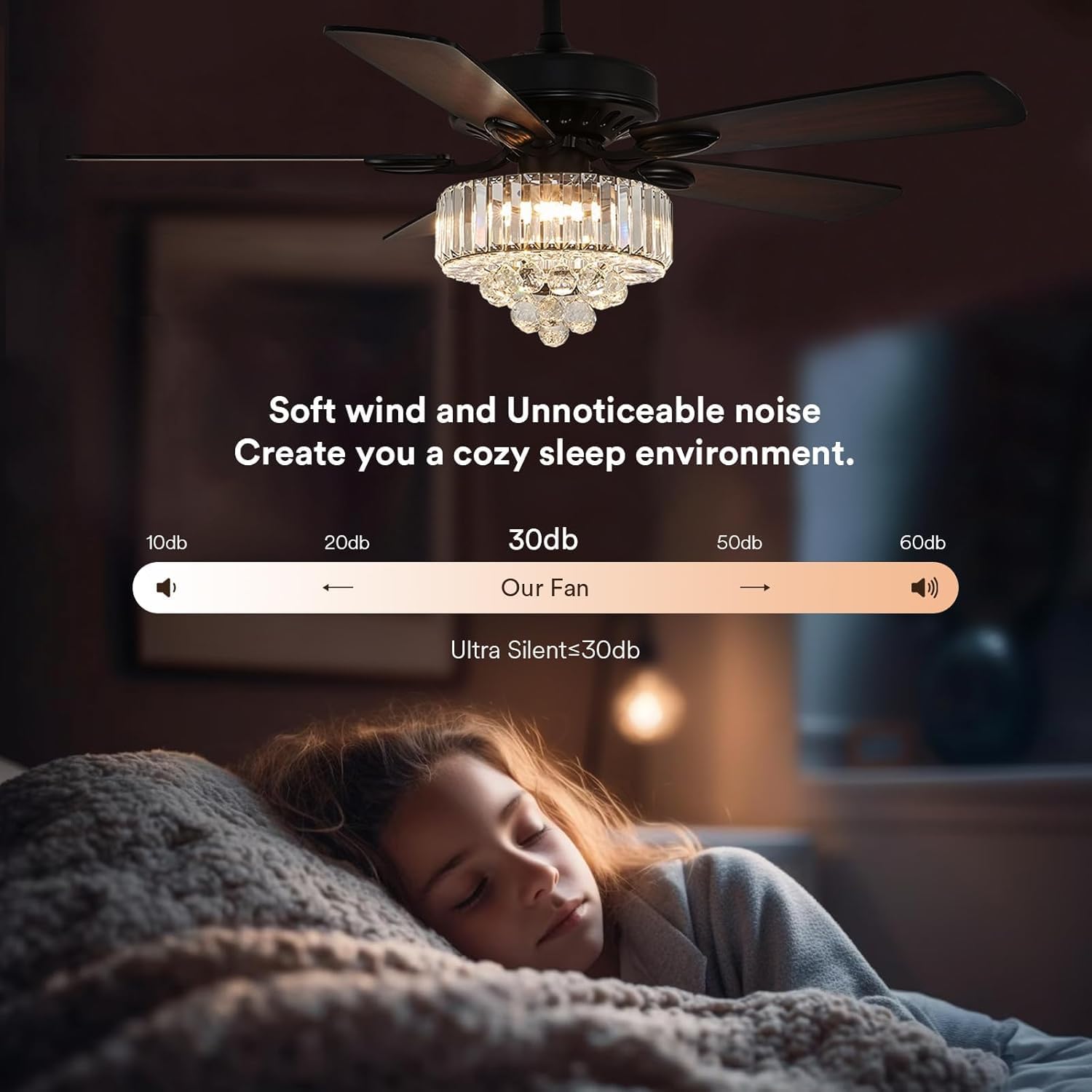 NOXARTE 52 Inch Crystal Ceiling Fan with Light, Modern LED Fandelier with Remote, Black Chandelier Fan Reverse Motor Wood Blades with 6 Speeds for Living Dining Room