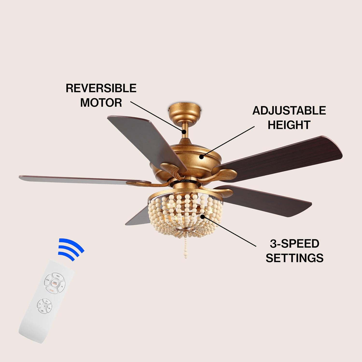 JONATHAN Y 52' Antique Gold 3-Light LED Ceiling Fan with Remote and App Control, Bohemian Farmhouse Chandelier, Light Brown Wood Bead Shade, Reversible Wood Blades JYL9618A