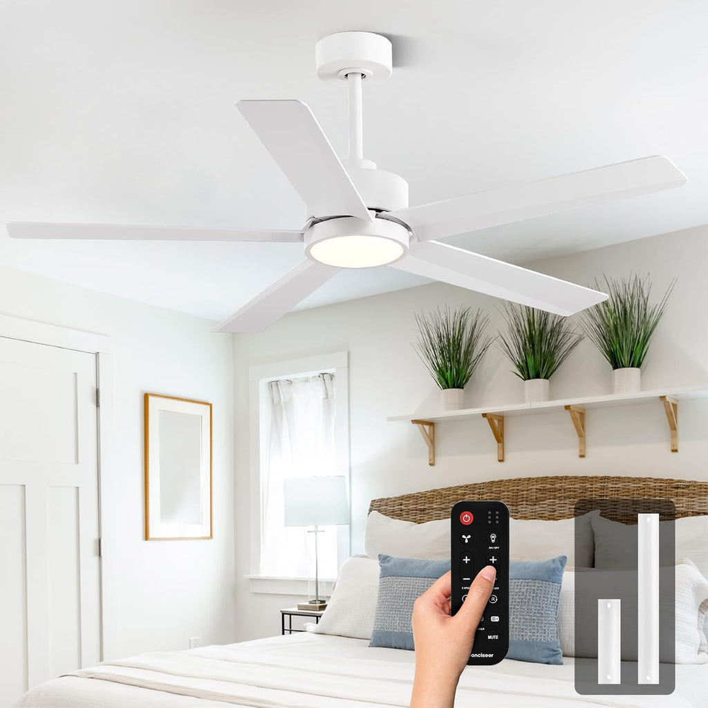 Conciseer Modern Ceiling Fans with Lights,52 Inch Ceiling Fans with Remote for Bedroom Living Room Kitchen, 18W 3CCT Dimmable，5 Blades 6 Speed Reversible Quiet DC Motor White