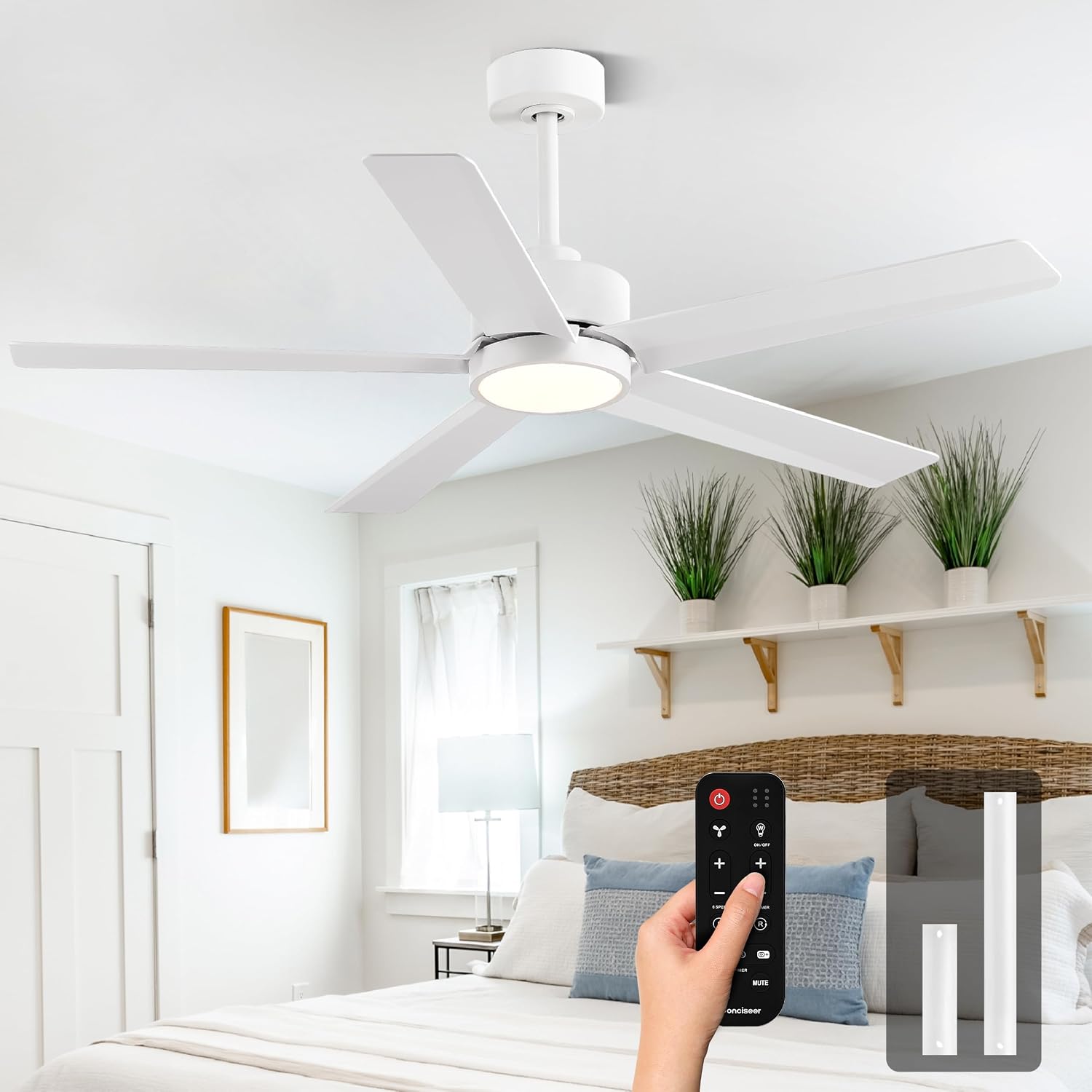 Conciseer Modern Ceiling Fans with Lights,52 Inch Ceiling Fans with Remote for Bedroom Living Room Kitchen, 18W 3CCT Dimmable，5 Blades 6 Speed Reversible Quiet DC Motor White