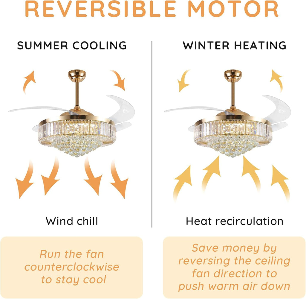 52 Inch Crystal Ceiling Fan with Light and Remote Modern Dimmable Fandelier Invisible Retractable Chandelier Fan Gold for Bedroom Living Room