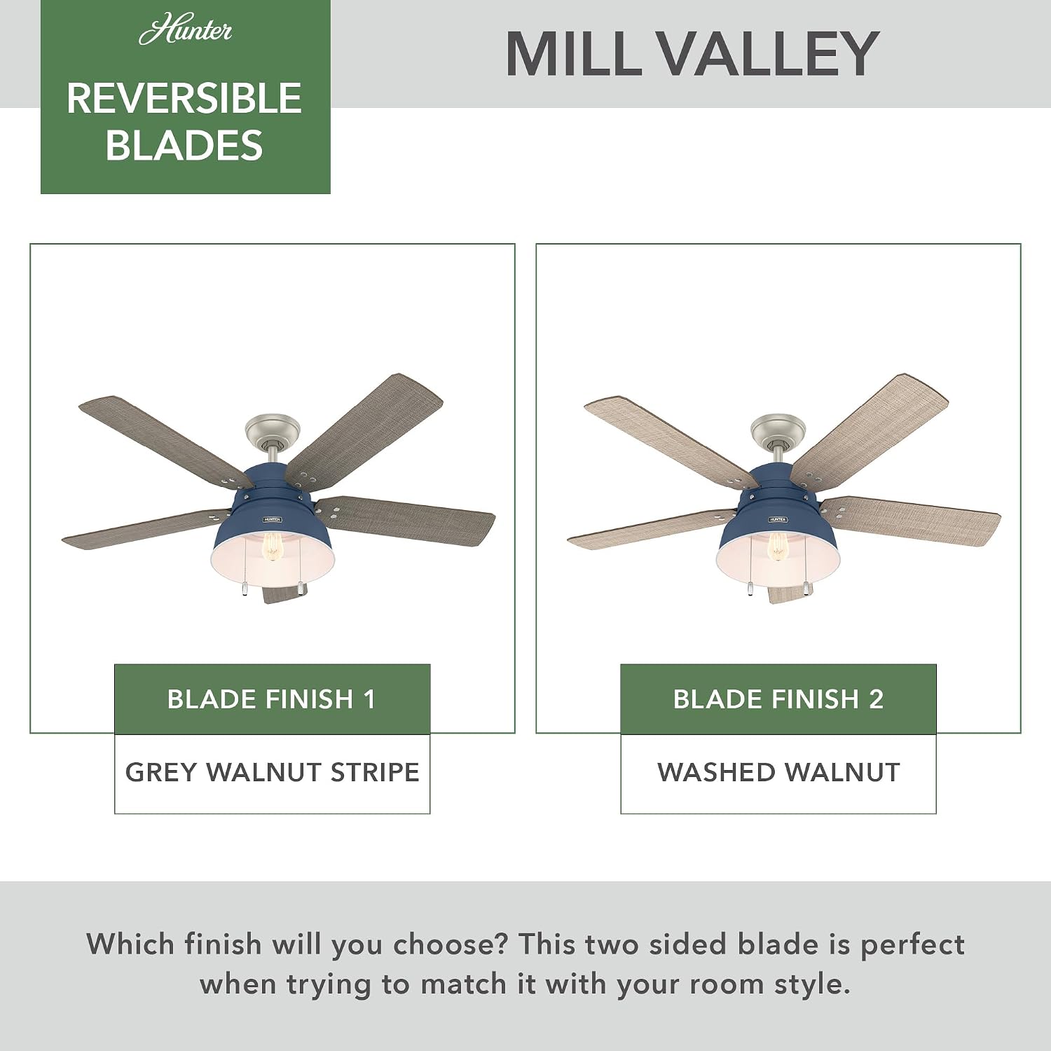 Hunter 52 inch Outdoor or Indoor Ceiling Fan with LED Light - Rustic Ceiling Fan with Pull Chain, For Bedroom, Living Room, or Patio, Standard Mount, No Remote - Mill Valley 50252, Indigo Blue