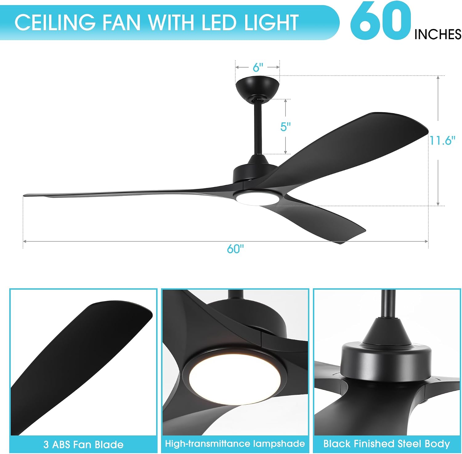 Ceiling Fans with Lights and Remote 60 Inch Black Outdoor Ceiling Fans for Patios Bedroom, Farmhouse Low Profile Chandelier Ceiling Fan with 6-Speed Reversible DC Motor, Dimmable, Ventilador de Techo