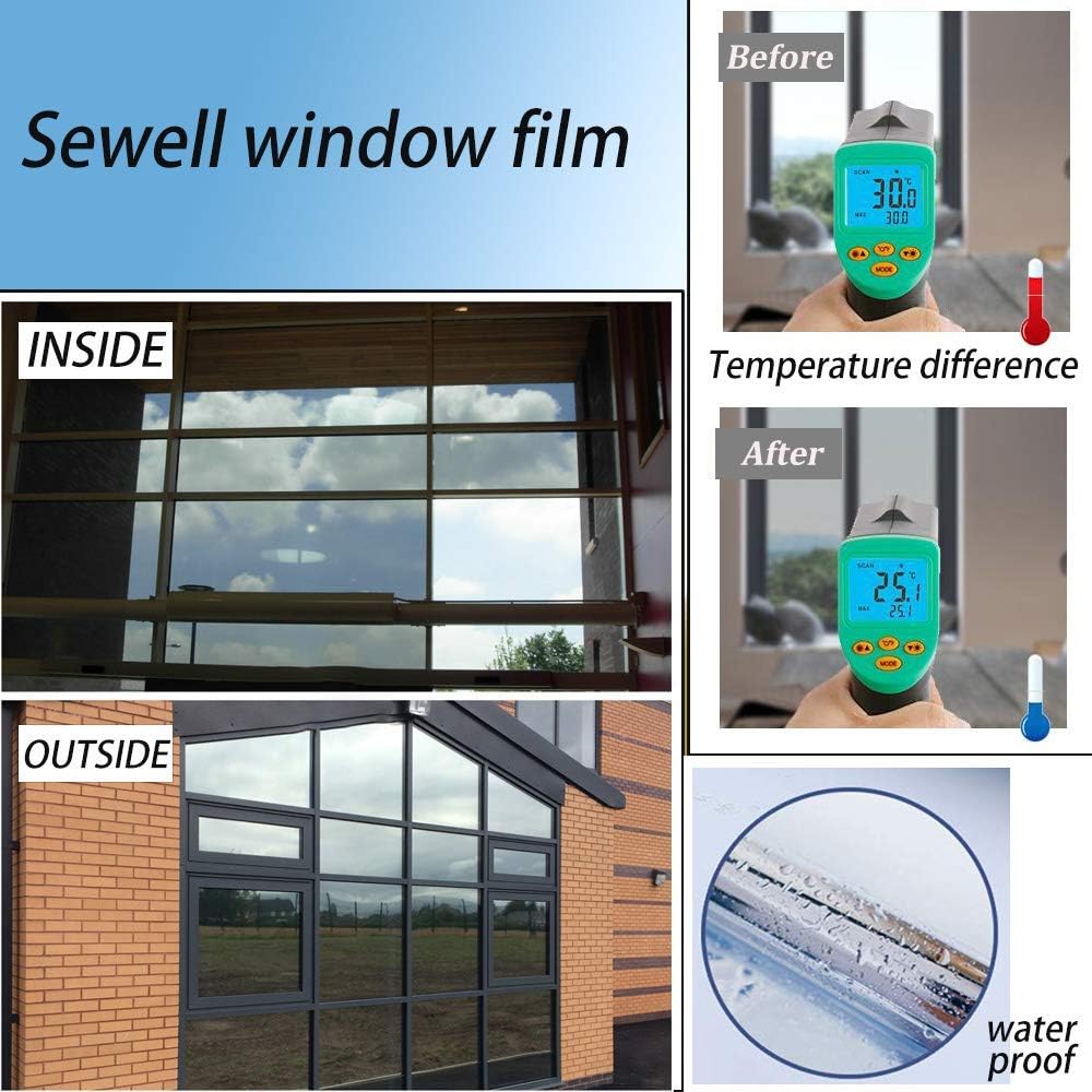 One Way Mirror Privacy Window Film, Heat Control and Anti - UV Adhesive Reflective Window Tint for Home and Office, 35.4Inch x 66Feet, Black Silver
