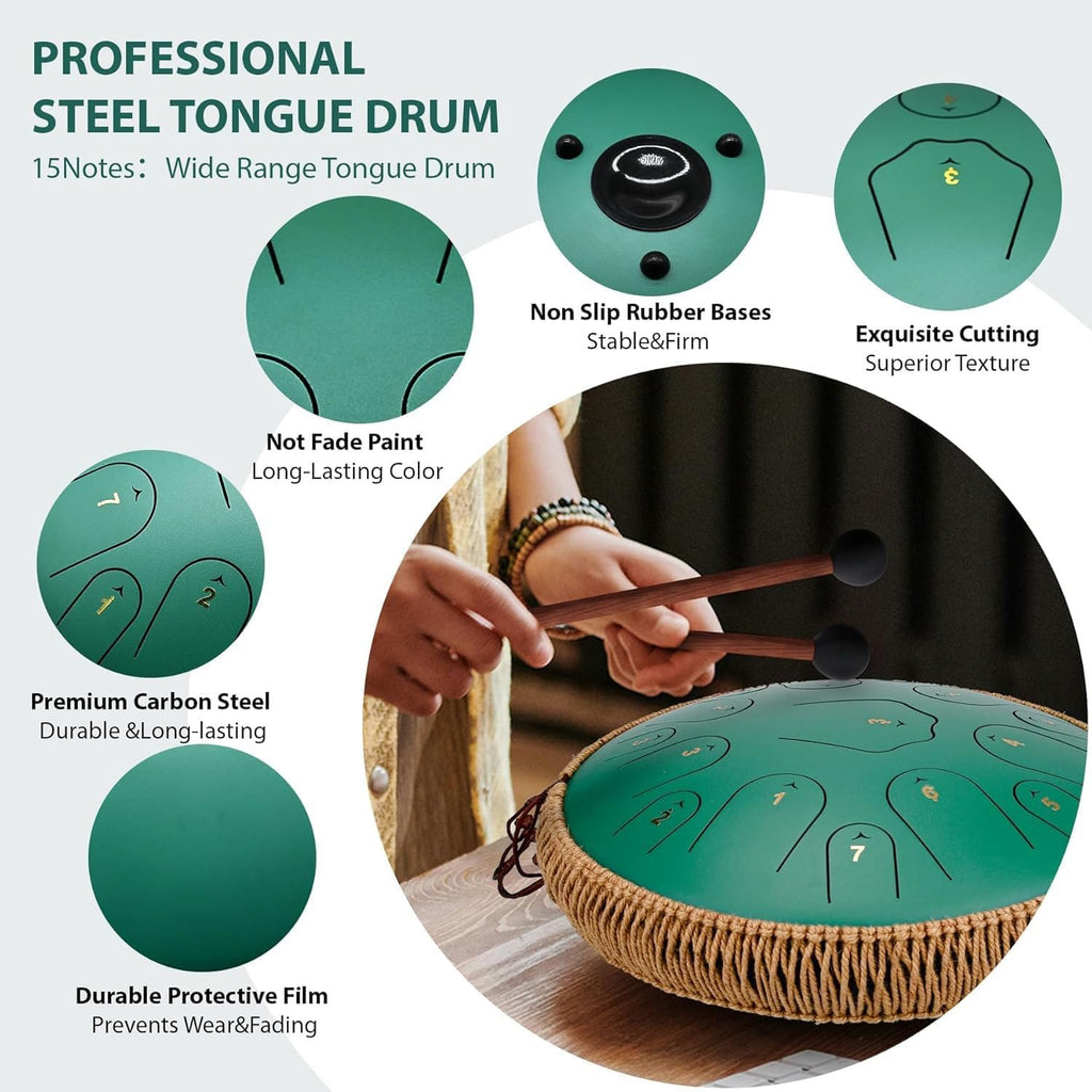 Steel Tongue Drum -14 Inch 15 Notes Premium Steel Hand Drum, F Major Handpan Instrument Handpan For Adults, Xylophone Mallet Percussion, For Concert Accompaniment, Yoga Meditation(D)