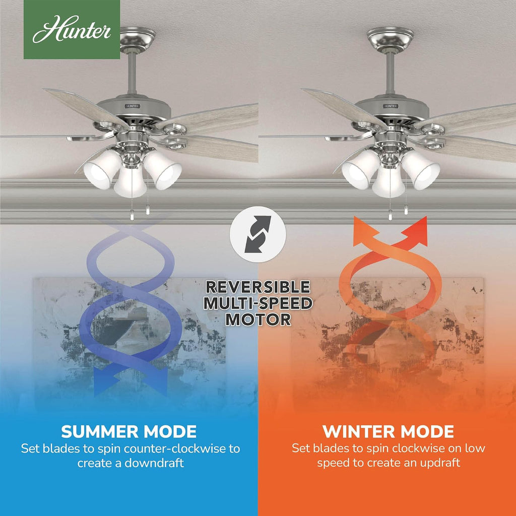 Hunter 52 inch Indoor Ceiling Fan with LED Lights - Ceiling Fan with Pull Chain, For Bedroom or Living Room, Standard Mount, No Remote, 5 Blades, Includes Bulbs - Builder Plus 51111, Brushed Nickel