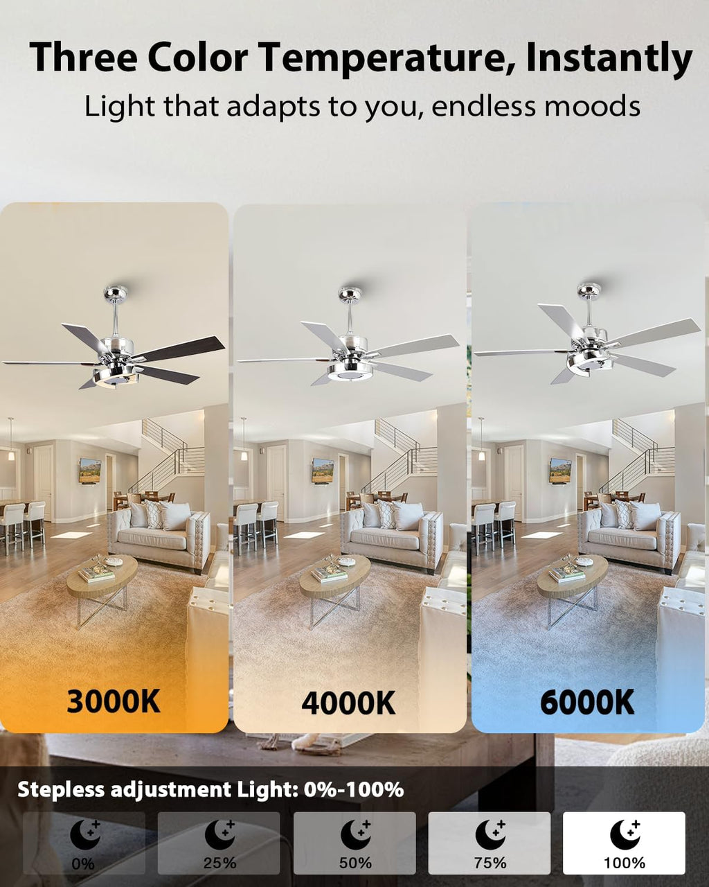 52 Inch Silver Ceiling Fans with Lights and Remote, Creative Modern Ceiling Fan, 3CCT, 6 Speeds, Quiet, Dual-Sided Reversible 5 Blades Indoor Outdoor Chandelier Fan for Bedroom Living Room