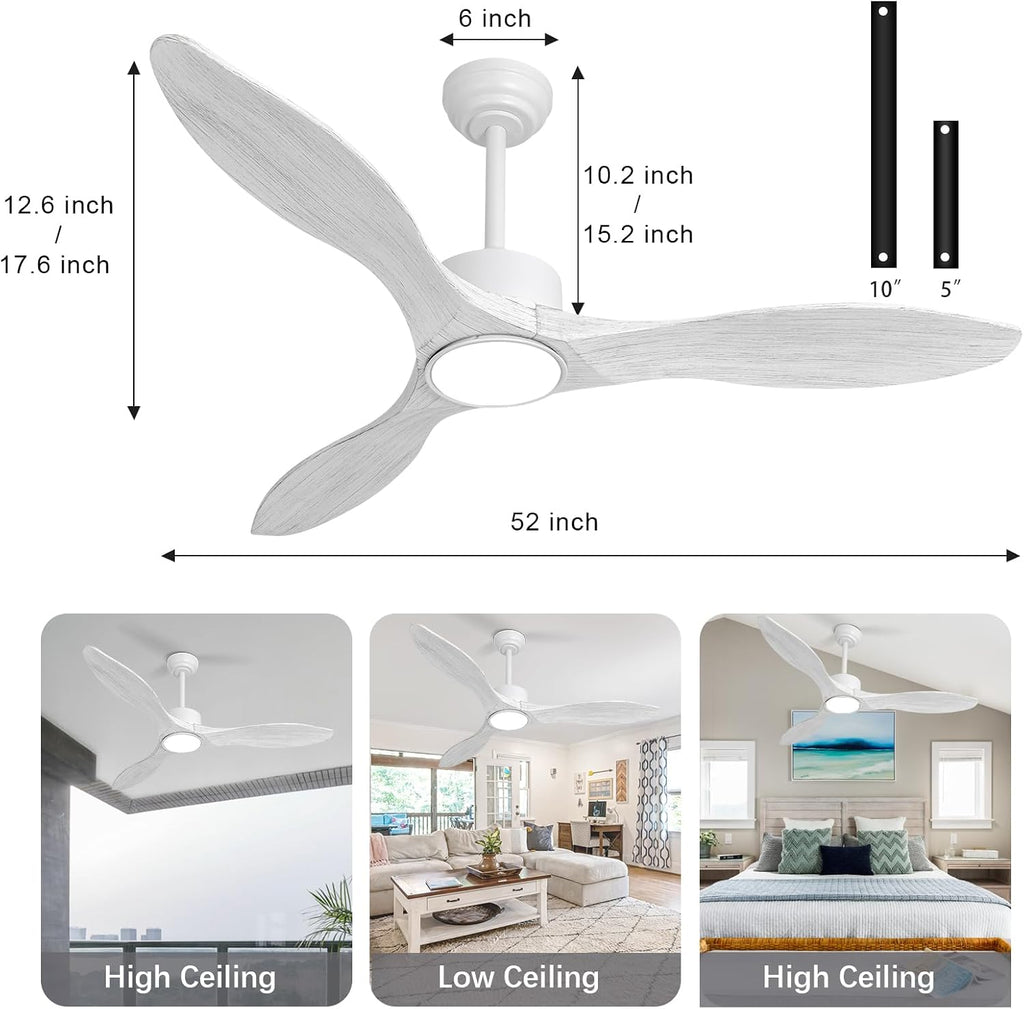 52 Inch White Ceiling Fan with Lights and Remote, Retro White Wood Low Profile Flush Mount Modern Ceiling Fan for Indoor Farmhouse Bedroom Living Room Outdoor Patio Porch, Reversible DC Motor