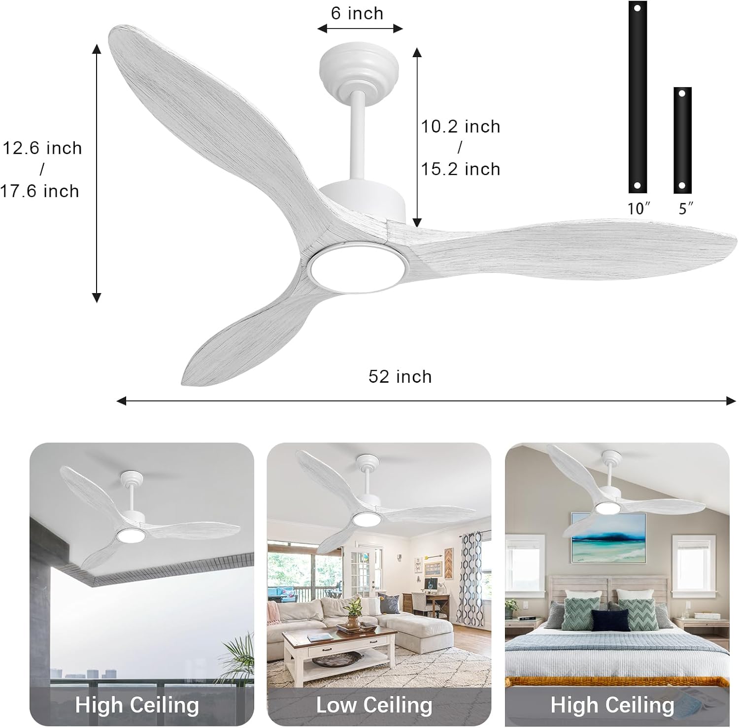 52 Inch White Ceiling Fan with Lights and Remote, Retro White Wood Low Profile Flush Mount Modern Ceiling Fan for Indoor Farmhouse Bedroom Living Room Outdoor Patio Porch, Reversible DC Motor