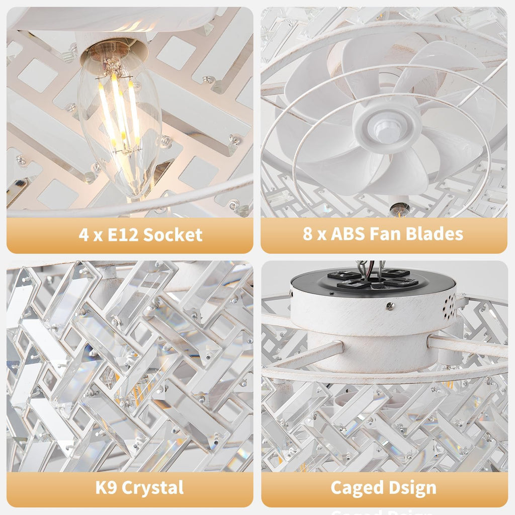 18 Inch Caged Ceiling Fan with Light and Remote, Rustic White Flush Mount Fandelier Ceiling Fan with Remote & App Control, Quiet DC Motor Low Profile Crystal Ceiling Fan for Bedroom, Kitchen