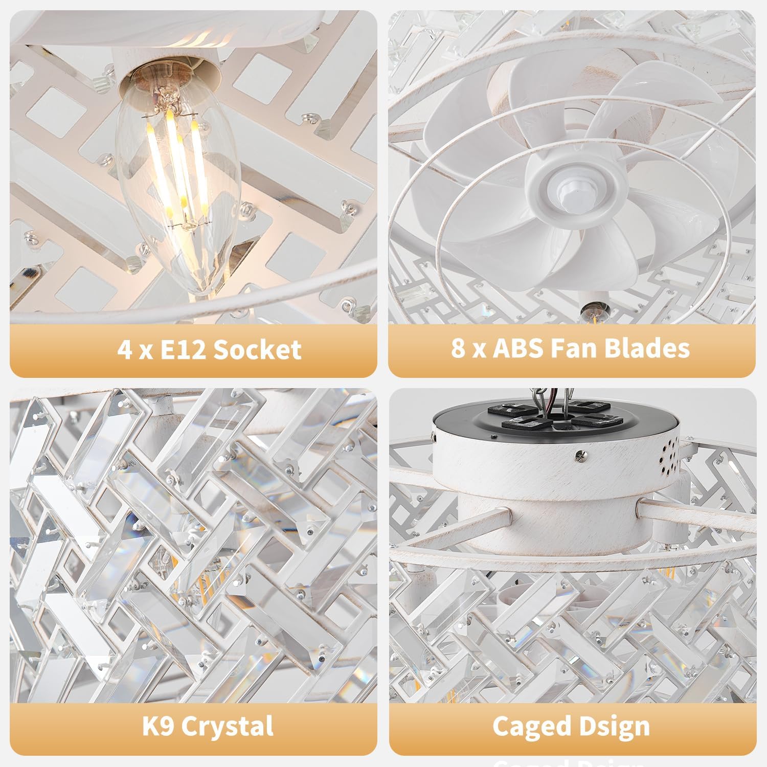 18 Inch Caged Ceiling Fan with Light and Remote, Rustic White Flush Mount Fandelier Ceiling Fan with Remote & App Control, Quiet DC Motor Low Profile Crystal Ceiling Fan for Bedroom, Kitchen