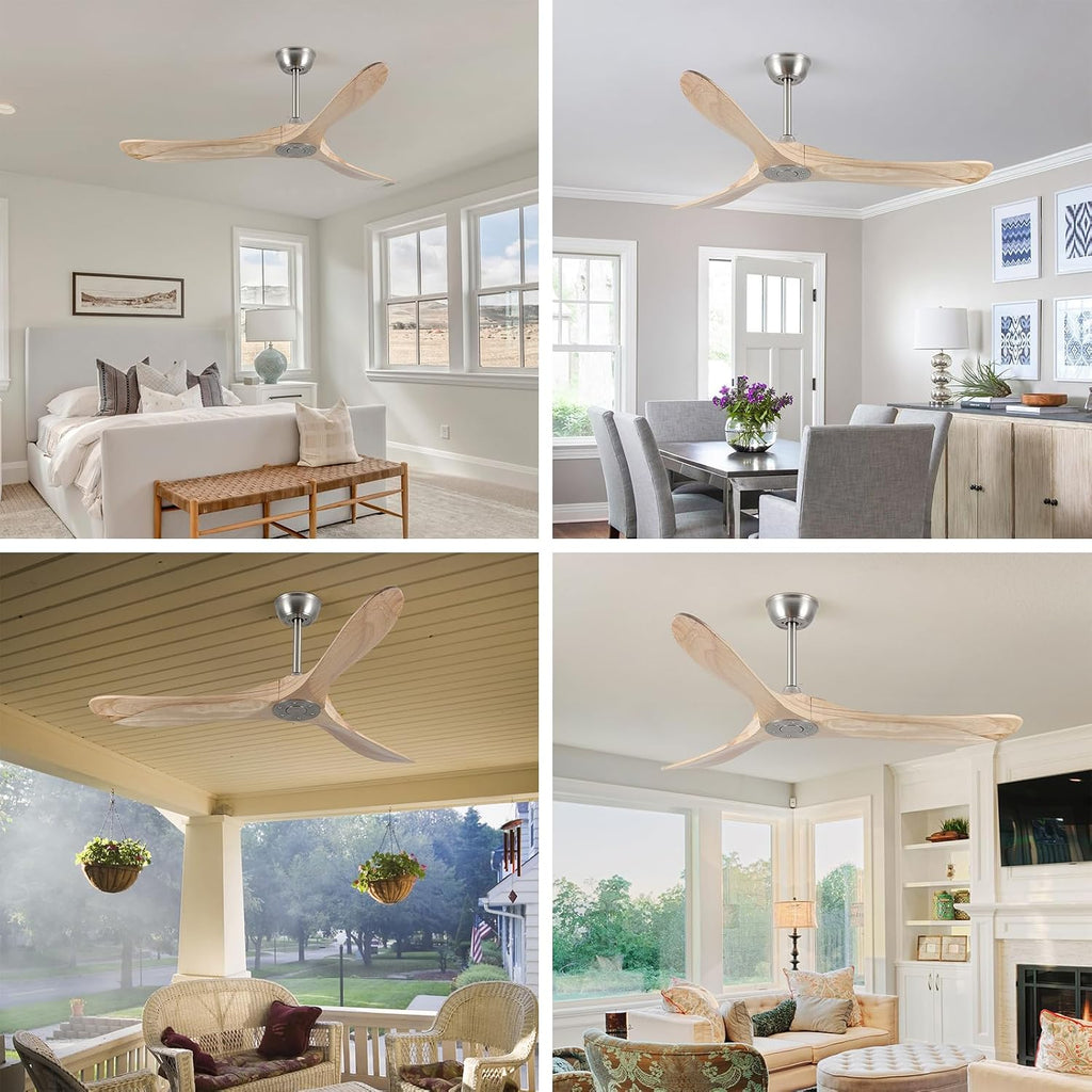 52 Inch Ceiling Fan with Remote Control, Solid Wood, 6-Speed DC Motor, 3 Reversible Natural Wooden Blades, 1/4/8 Hour Timer, Quiet & Energy Efficient for Indoor/Outdoor Use