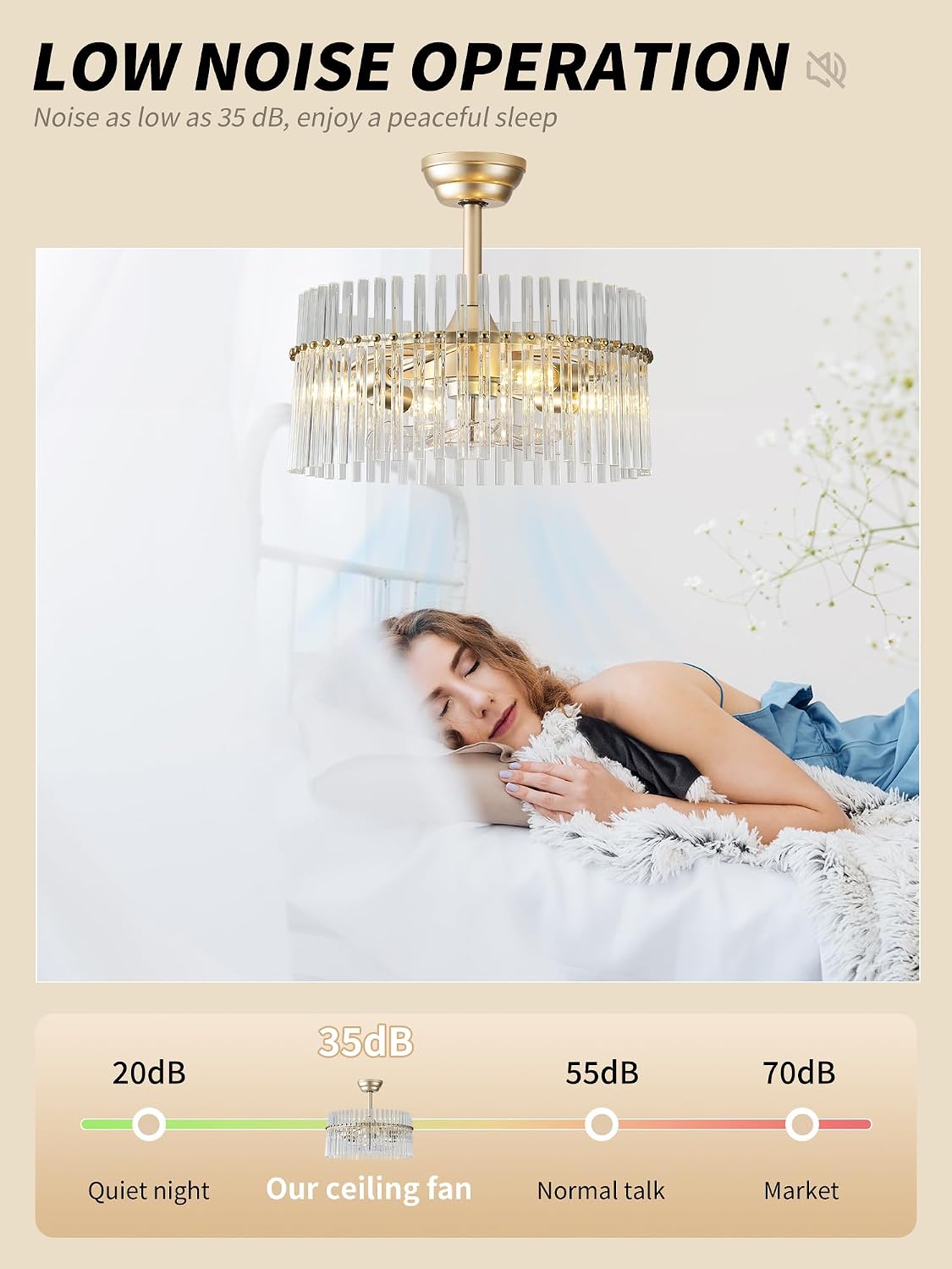 SYDACG 20' Gold and Clear Crystal Fandelier Ceiling Fan with Light, Mid-Century Chandelier Ceiling Fan with Light Remote Control, 6 Speeds for Bedroom, Nursery, Living Room