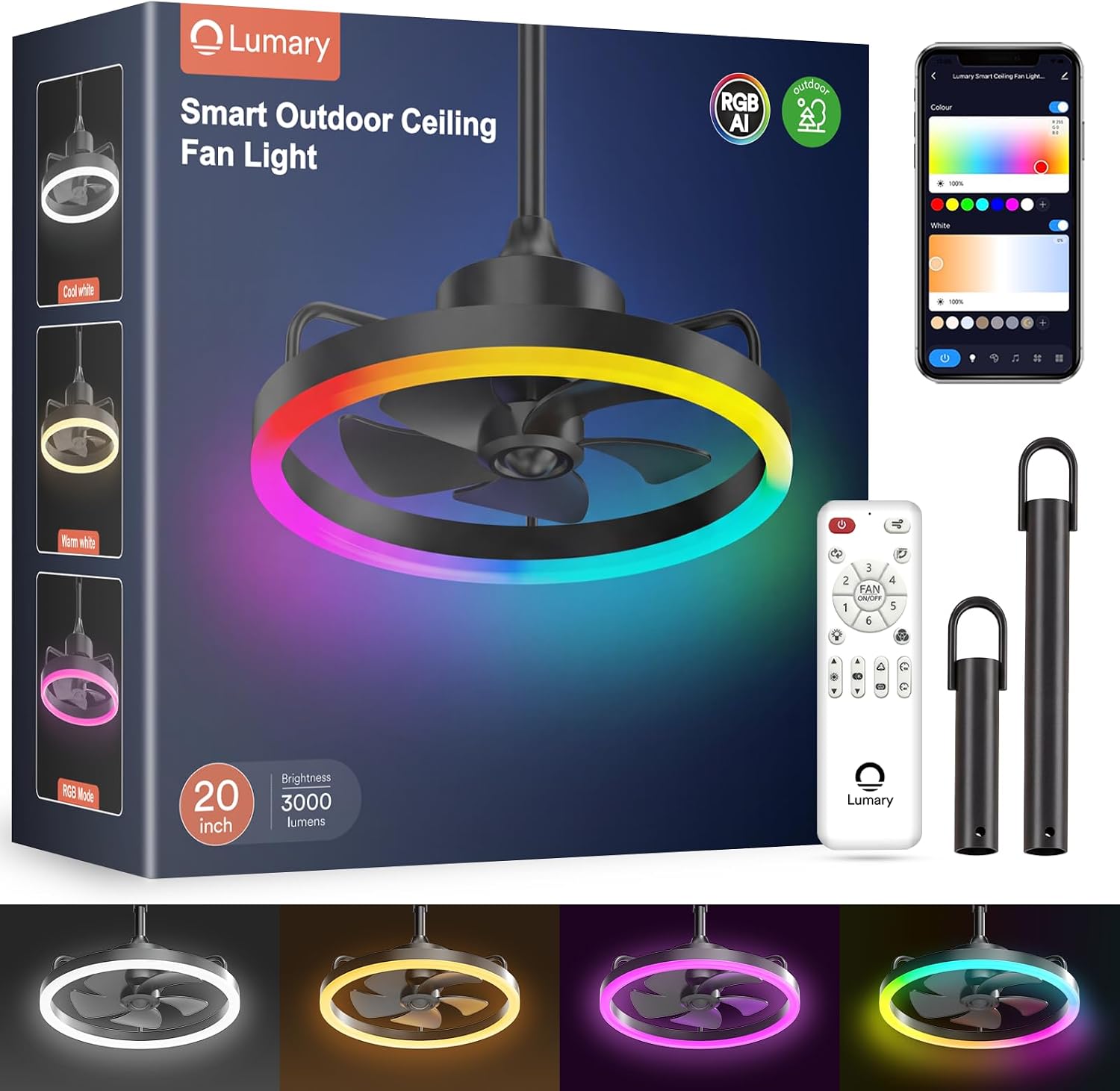 Lumary Smart Outdoor Ceiling Fans with RGBAI Lights for Patio, Wi-Fi Bluetooth Connect, Work with Alexa Google, Waterproof Plug in Ceiling Fan with Hook/Remote/APP Control for Pergola Gazebo, 20in