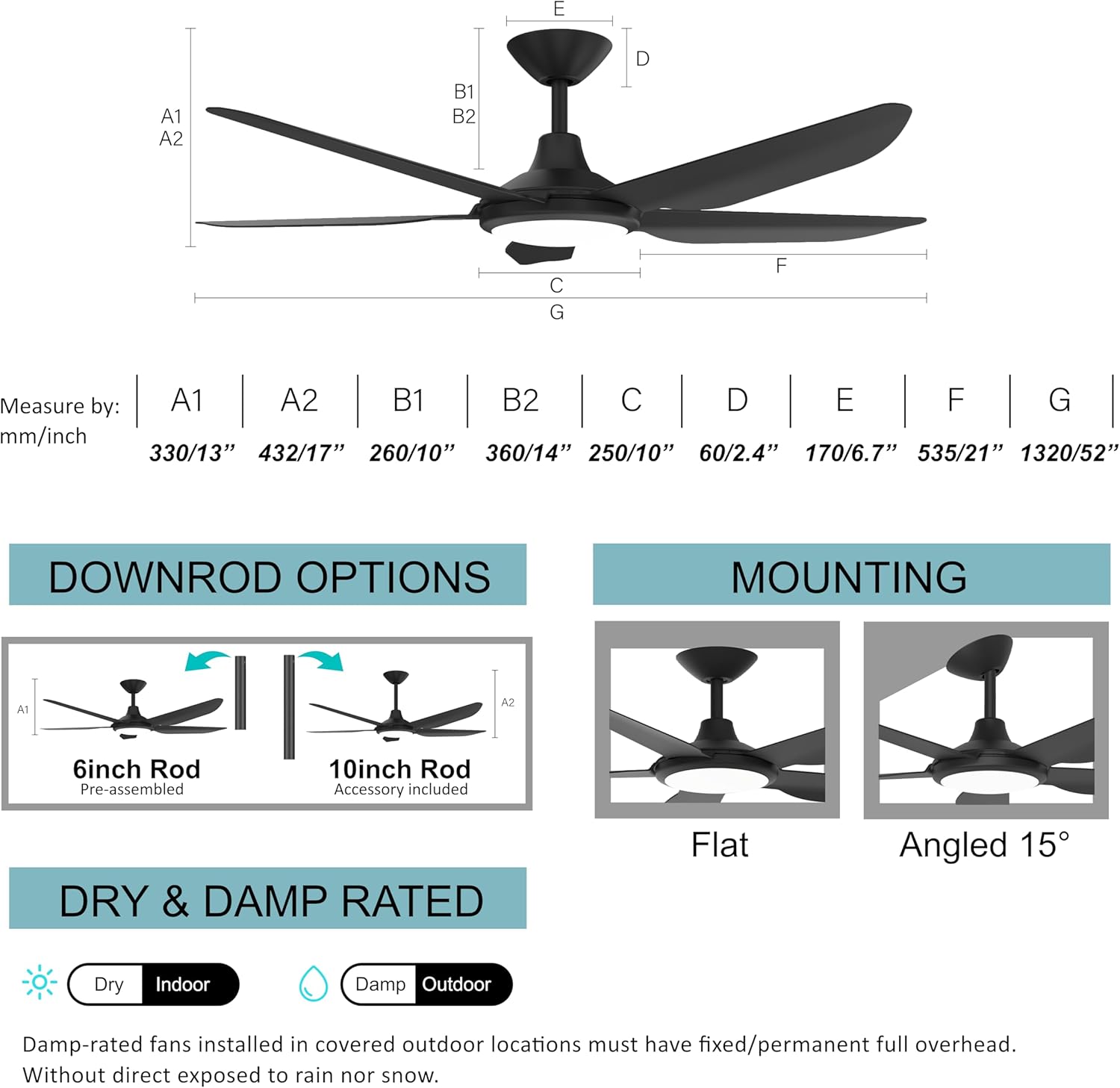 52 Inch Large Outdoor Ceiling Fans with Lights, High CFM Waterproof Blades for Covered Patio, 9 Speed Remote Control Dimmable LED Light, Angled Mount Easy Install