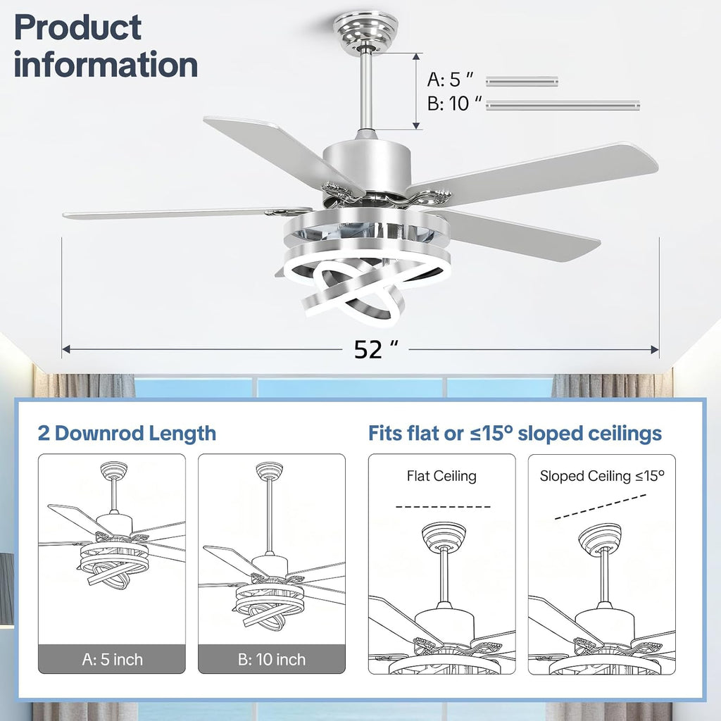 52' Ceilling Fan with Light Chandelier Fan Modern DC Motor Dimmable Led Fandelier Ceiling Fan with Light for Bedroom, Living Room Silver