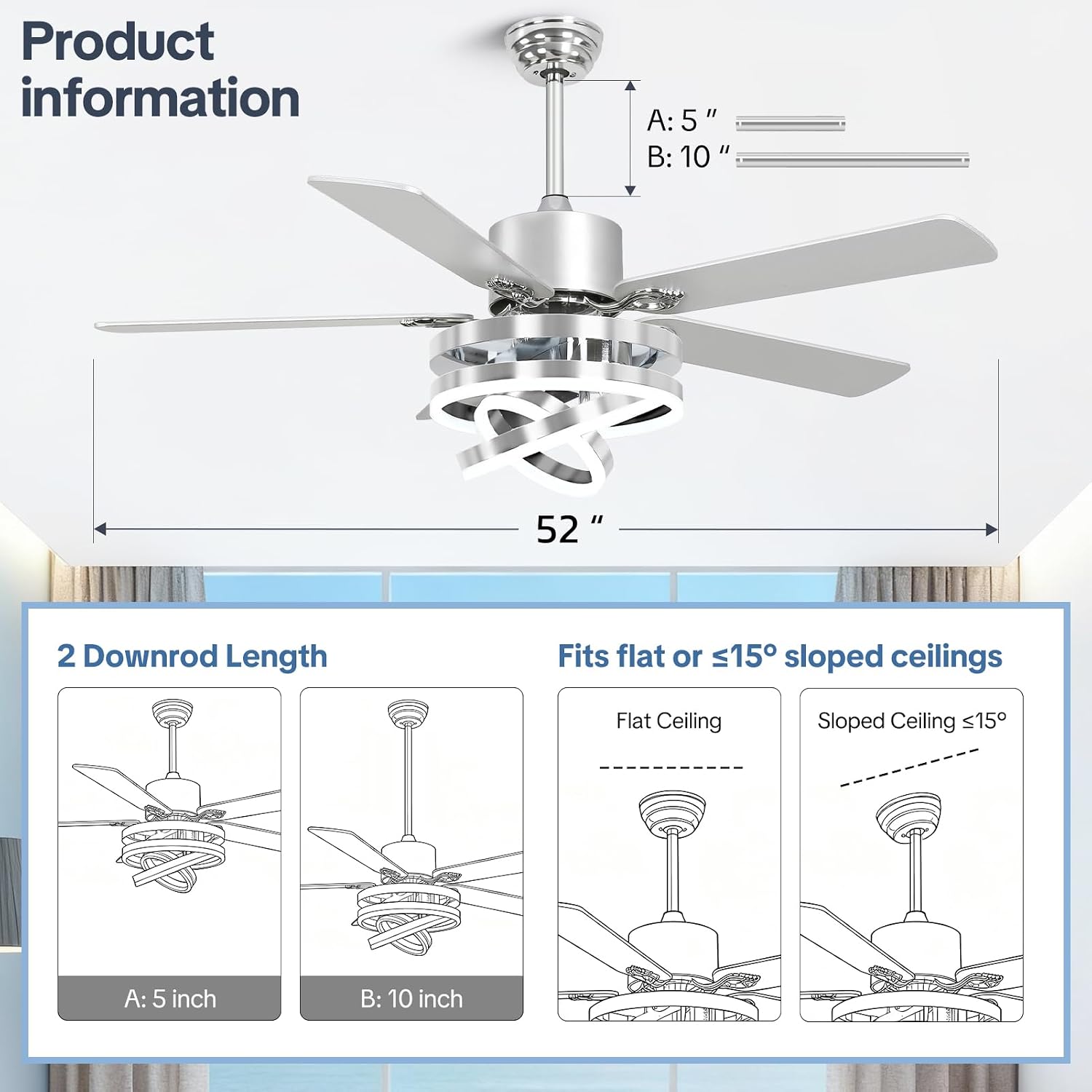52' Ceilling Fan with Light Chandelier Fan Modern DC Motor Dimmable Led Fandelier Ceiling Fan with Light for Bedroom, Living Room Silver