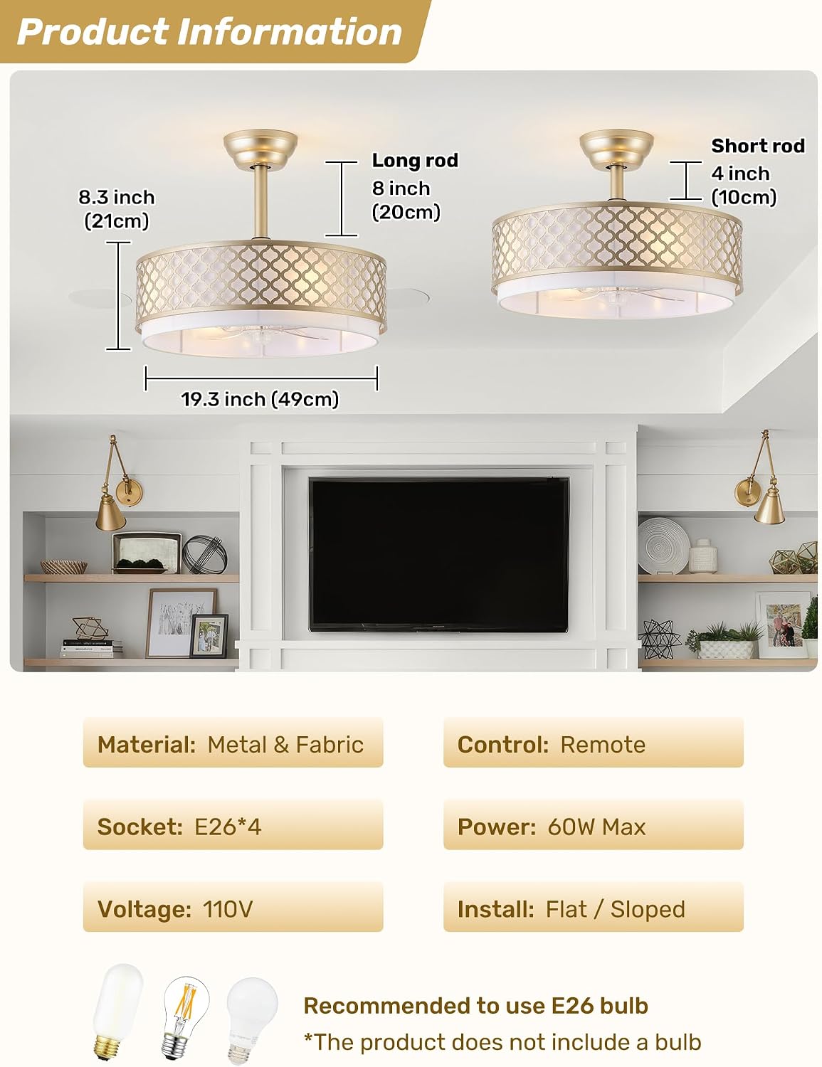 20' Gold Fandelier Ceiling Fan with Lights, Caged Boho Ceiling Fan with Light Remote Control, Rattan with 6 Speeds for Bedroom, Nursery, Living Room