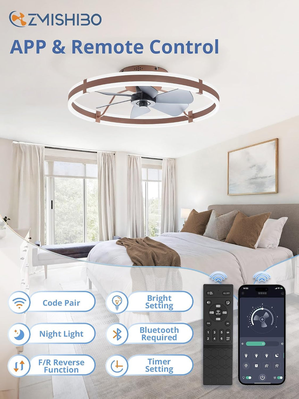 ZMISHIBO 24 Inch Ceiling Fans with Lights and Remote, Modern Low Profile Ceiling Fan, 3000-6000K Dimmable Flush Mount LED Fan Light, 6 Wind Speeds, Fandelier Ceiling Fans for Bedroom- Brown