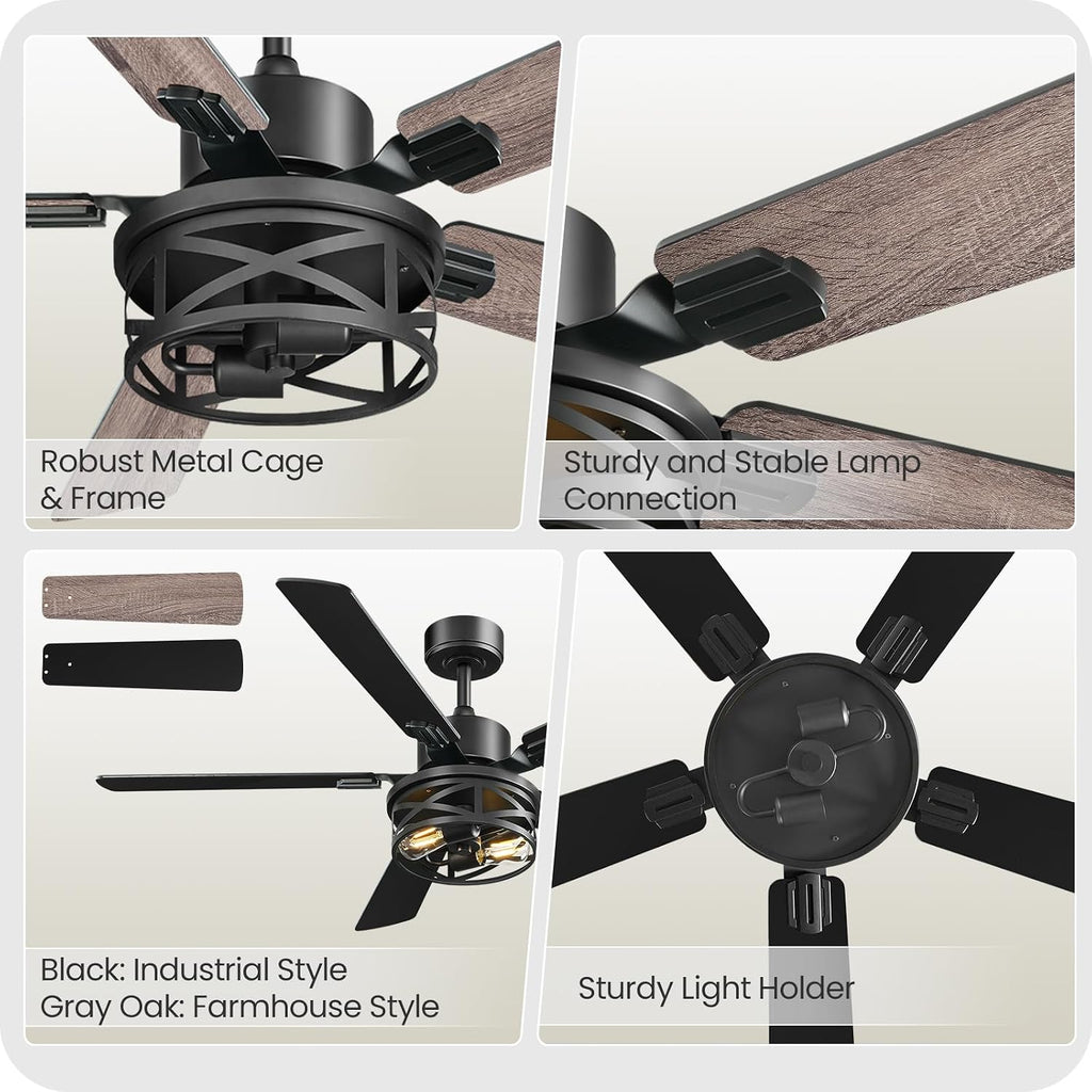 52 Inch Farmhouse Ceiling Fan with Lights and Remote, Timer, Dual Finish 5 Blades (Gray Oak and Black), 6 Speeds, Reversible DC Motor, Rustic & Industrial Caged Ceiling Fan for Bedroom HB01CF05