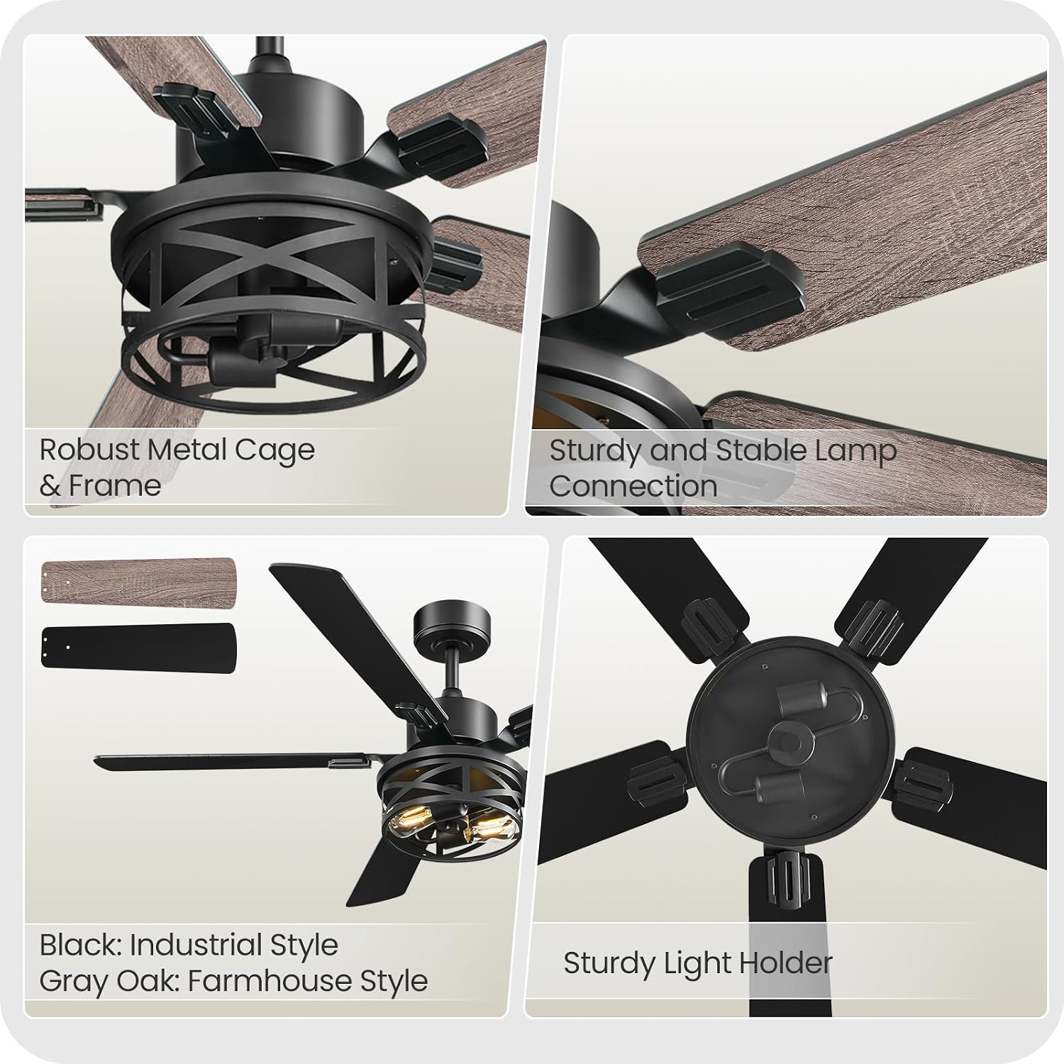 52 Inch Farmhouse Ceiling Fan with Lights and Remote, Timer, Dual Finish 5 Blades (Gray Oak and Black), 6 Speeds, Reversible DC Motor, Rustic & Industrial Caged Ceiling Fan for Bedroom HB01CF05