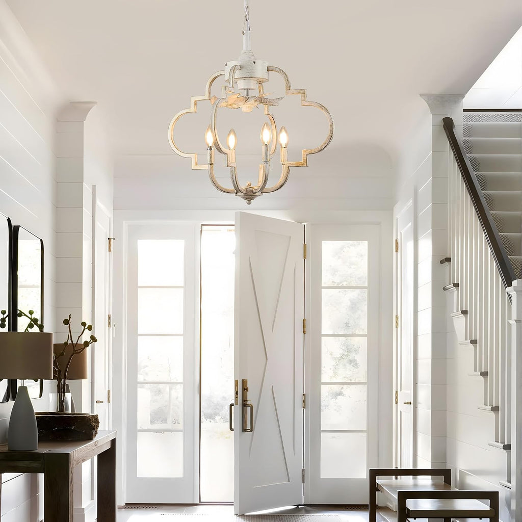Chandelier Ceiling Fan, 23' Rustic Fandelier Ceiling Fan with Light, 4-Metal Rod Geometric Lantern Design, Vintage Hanging Ceiling Fans for Bedroom, Dining Room, Kitchen-White Gold