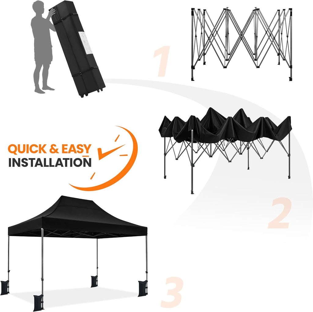 Yaheetech Heavy Duty Pop Up Canopy Tent, 10x15 Commercial Instant Shelter Tent, Outdoor Adjustable Canopy with Wheeled Bag, 4 Sandbags & 8 Stakes, Black