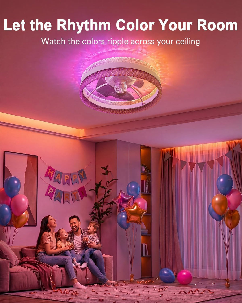 Lumary Smart Ceiling Fans with Lights, RGBAI Rainbow Flow Lighting with Feather Projection, Flush Mount/Downrod for Low Profile or High Ceilings, Modern Bladeless Crystal Fan Light for Bedroom, 20in