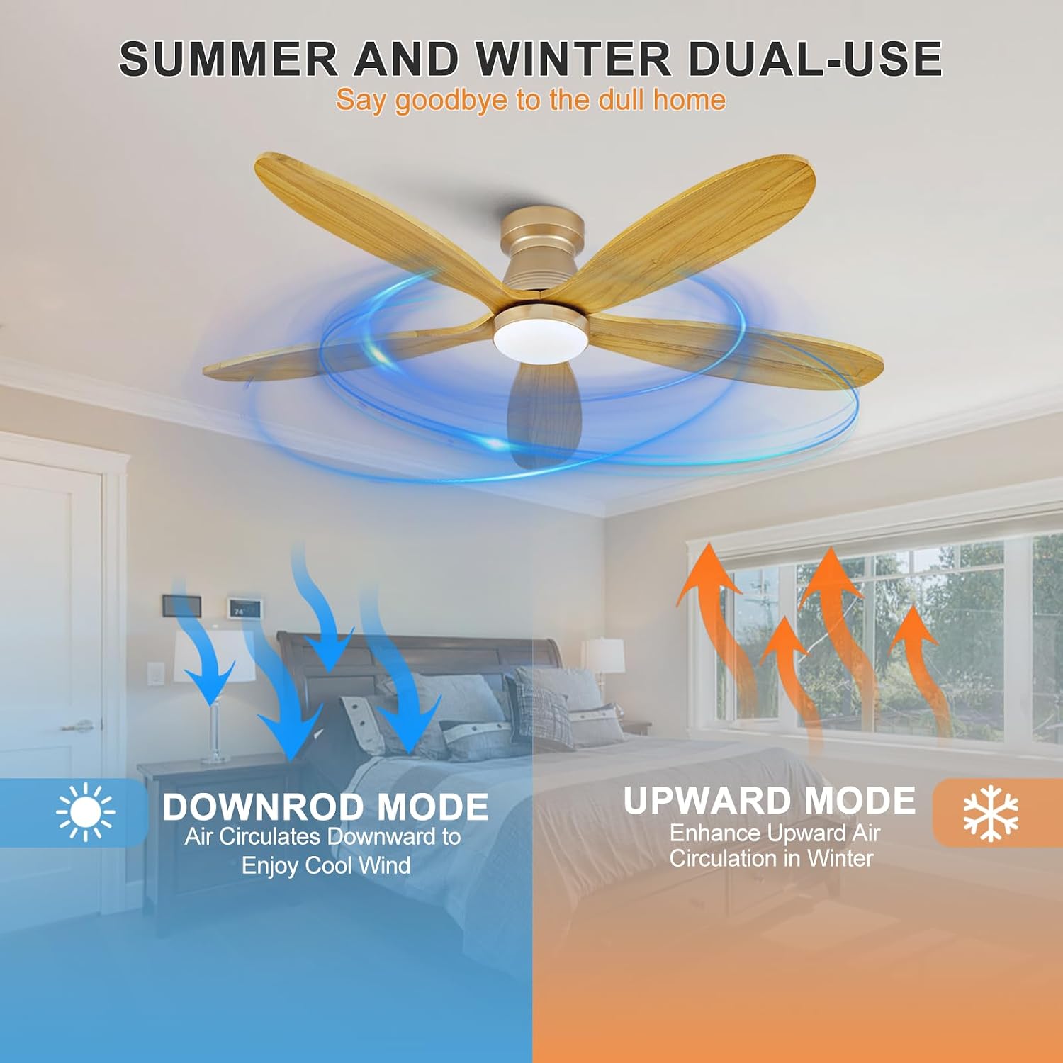 52 Inch Wood Ceiling Fans with Lights and Remote, Low Profile Flush Mount Modern Ceiling Fan with Light, 5 Blades, Dimmable, Wall Switch, Indoor Outdoor Black Ceiling Fan for Bedroom
