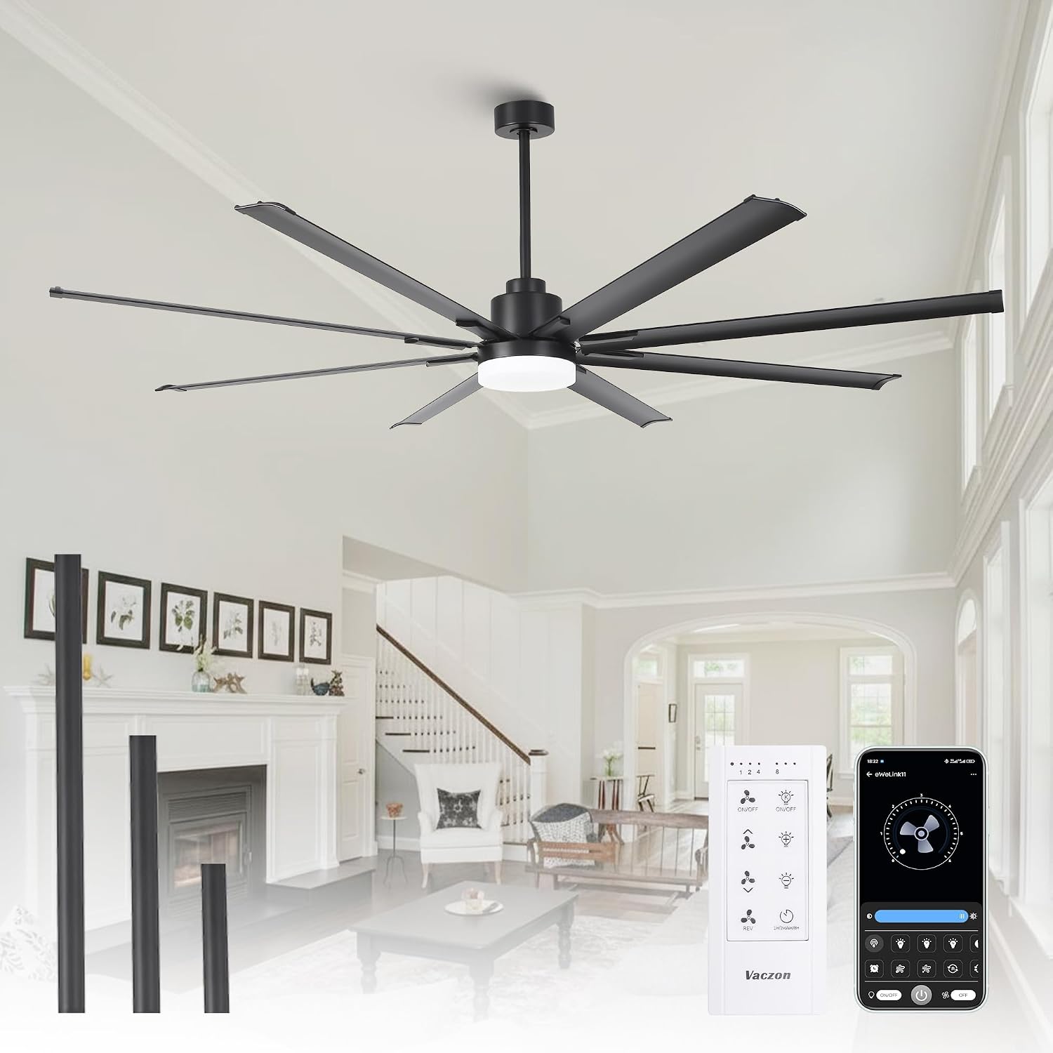 84' Large Ceiling Fan with Lights & Remote – 8-Blade Black Modern Ceiling Fan for Living Room, Dining Room, Bedroom, Patio, Commercial Spaces, Quiet & Energy Efficient, ETL Certified