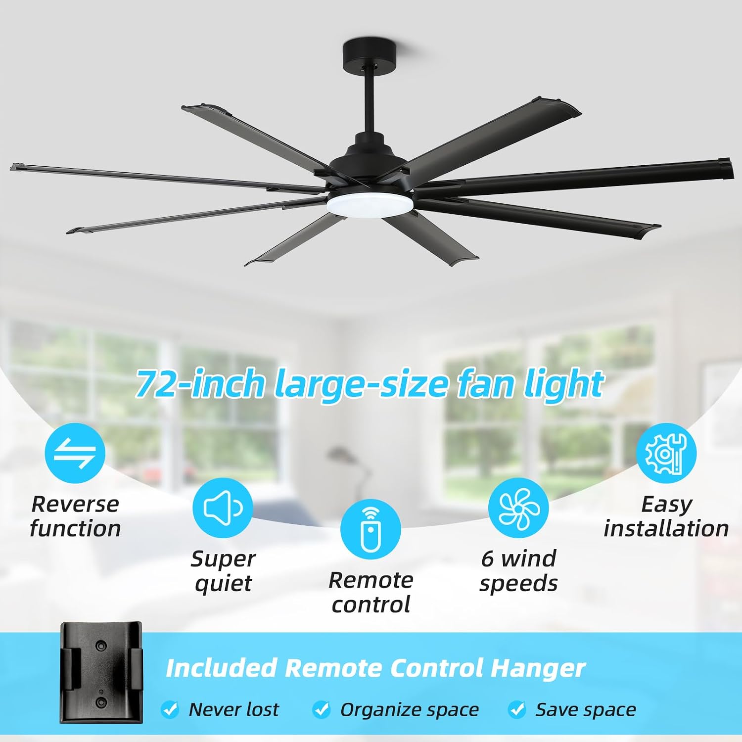 72 inch Ceiling Fans with Lights and Remote Control，Large Ceiling Fan with 8 Aluminum Blades, 3CCT, 6-Speed,Black Commercial Ceiling Fan for Porch/Garage/Shop/Living Room