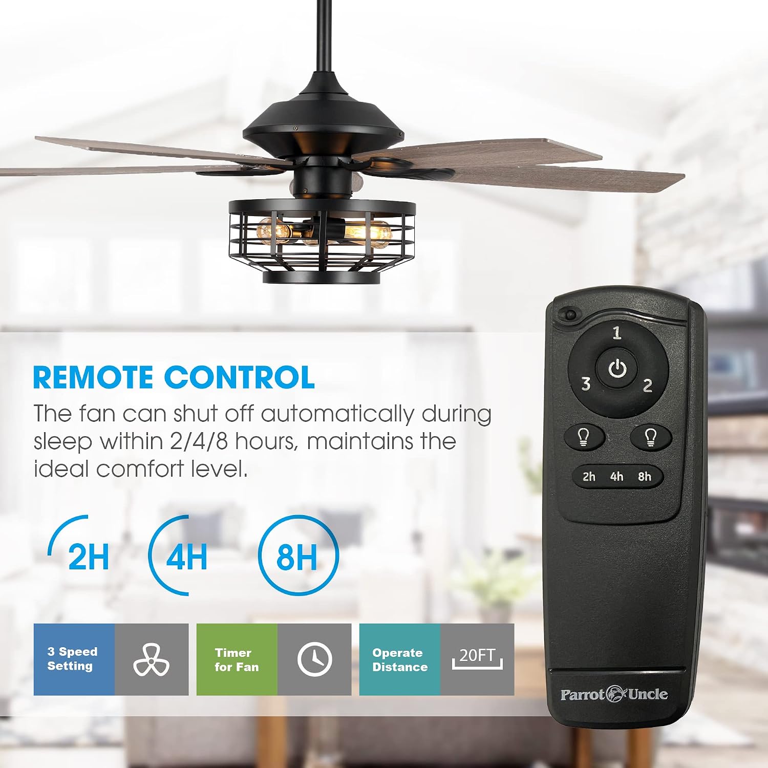 Parrot Uncle Ceiling Fans with Lights and Remote 52 Inch Black Ceiling Fan with Light Farmhouse Outdoor Ceiling Fans for Patios Covered