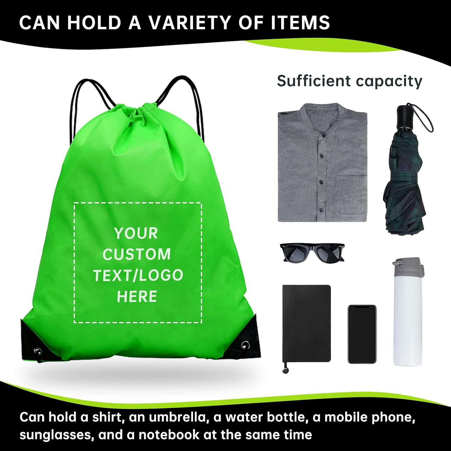 JEOHLORY pack of 100 Custom Bags With Your Logo,customized backpack,promotional items,Drawstring Backpacks,Great for Everyday Use (Custom Green)