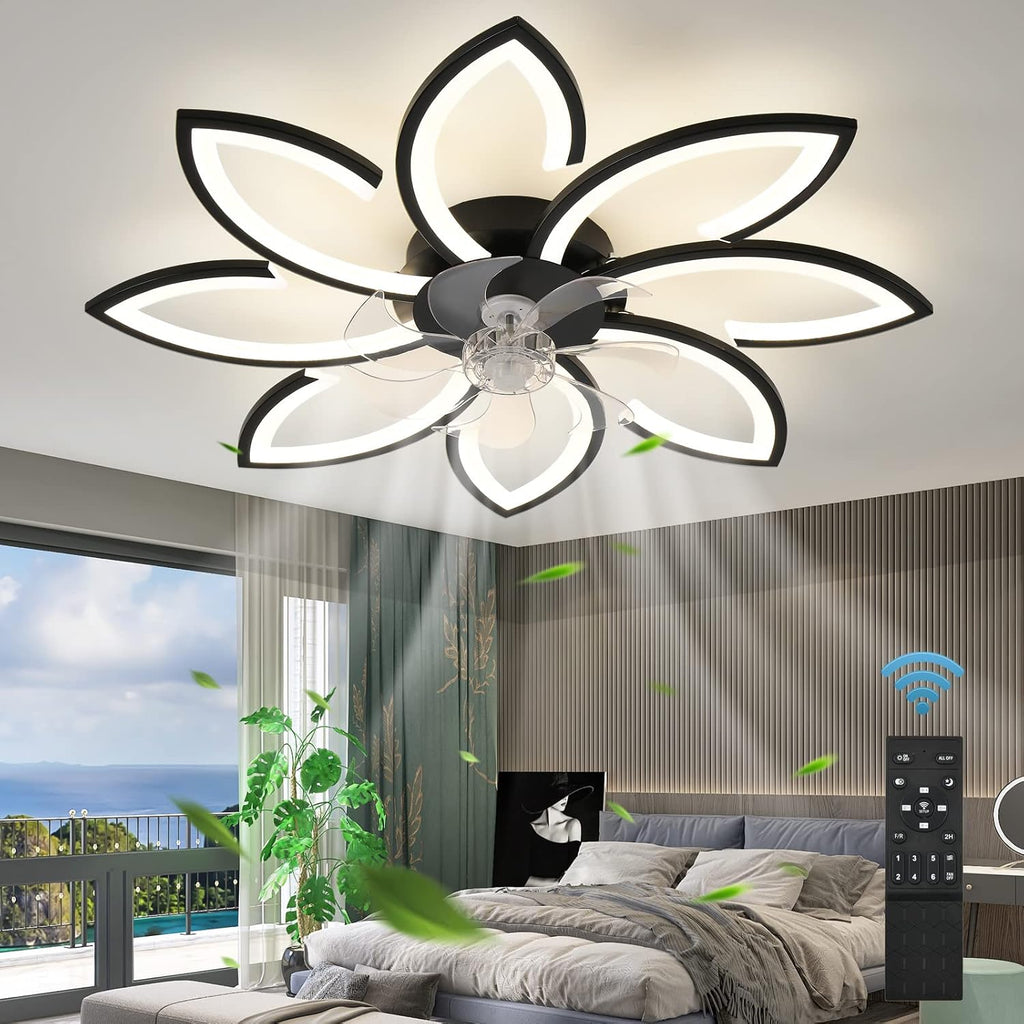 35' Geometric Ceiling Fan with Light Remote Control, 6 Speeds 3 Colors, Black Low Profile Flush Mount Ceiling Fan for Kitchen Bedroom Living Room