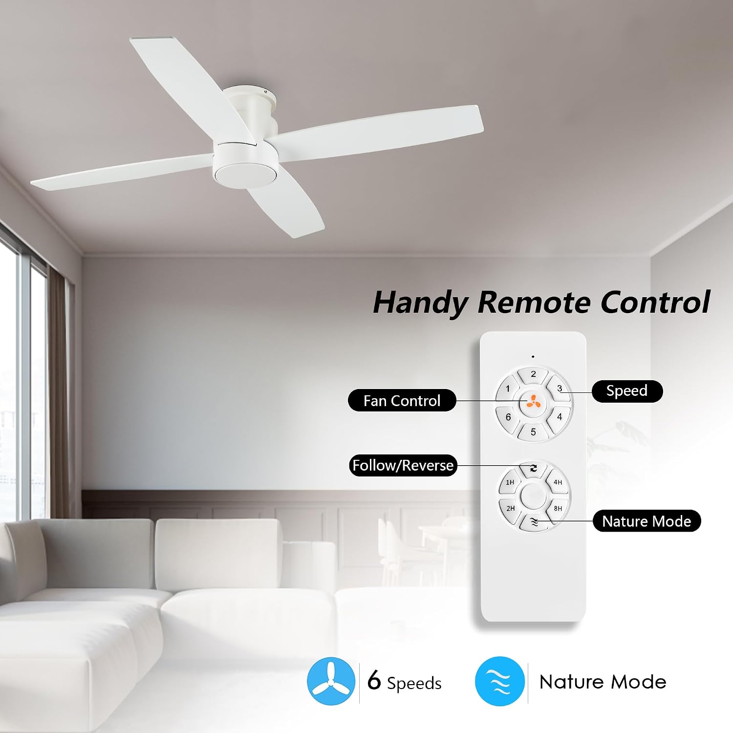 WINGBO 52' Flush Mount DC Ceiling Fan without Lights, 4 Reversible Blades, Ultra Quiet 6-Speed DC Motor, Hugger Low Profile Indoor Ceiling Fan No Lights, White Finish