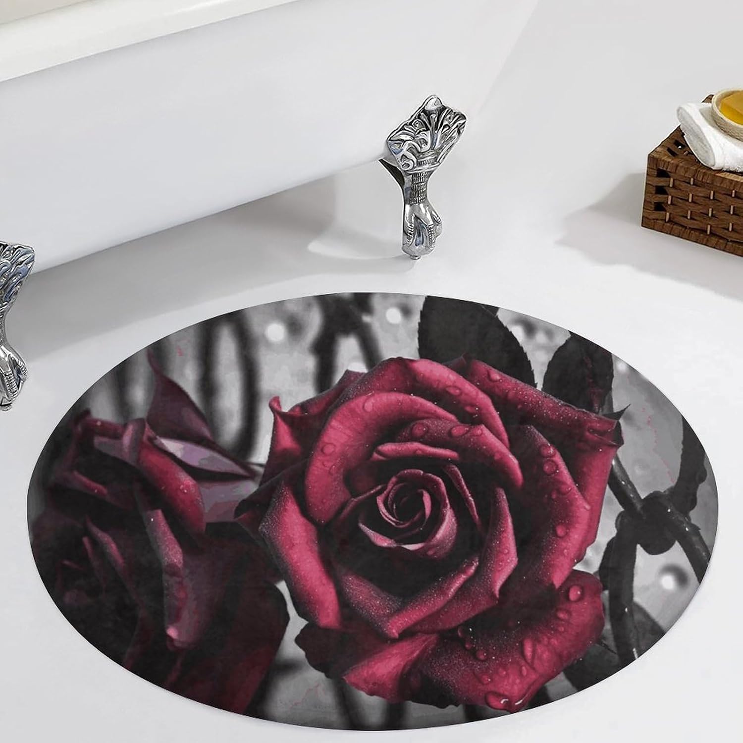 Gothic Roses Coral Velvet Round Floor Mat Non-Slip Bath Rug Floor Covering for Bathroom Vanity Guest Suite & Vacation Home