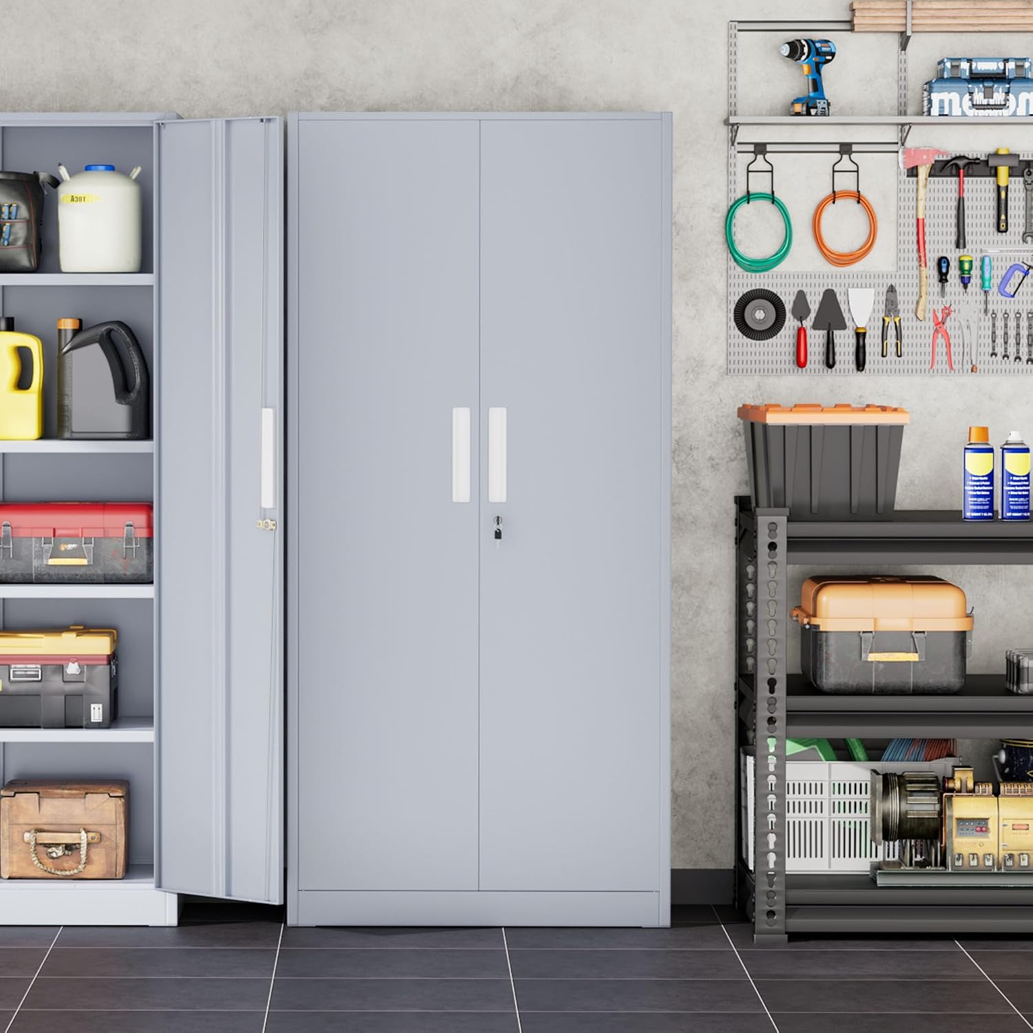 INTERGREAT Garage Storage Cabinet with Lock, 72' Metal Storage Cabinet with Locking Doors and 4 Adjustable Shelves, Lockable Tool Steel Cabinet for Home Office, School, Cement Grey