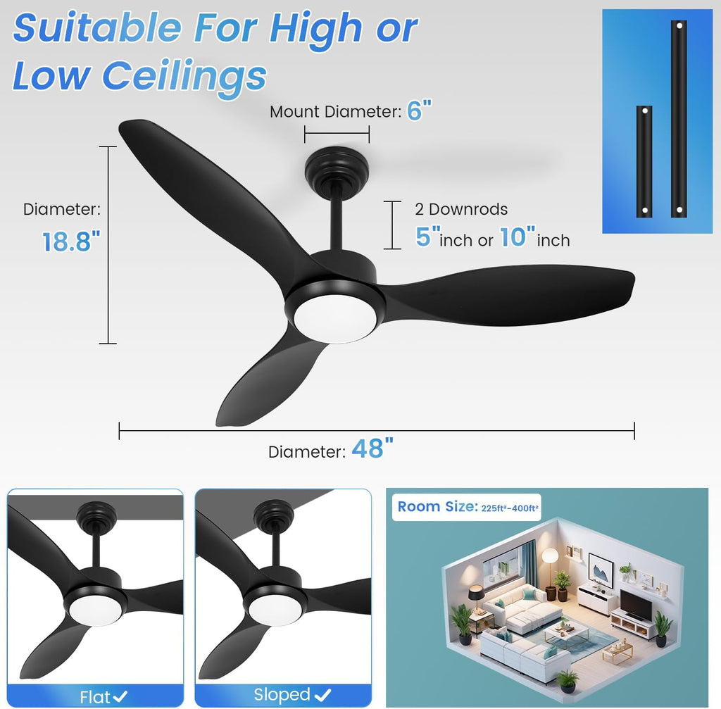 48 inch Ceiling Fans with Lights and Remote,Black Ceiling Fan with Light and Remote,3 Color Light,6 Speed,Quiet DC Motor,for Bedroom/Living Room/Indoor/Outdoor/Patios,Black