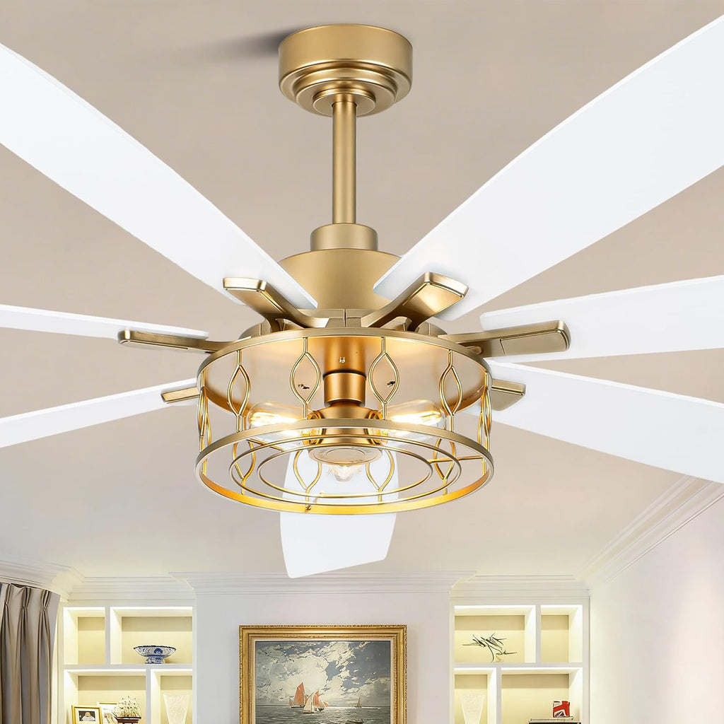 72 Inch White and Gold Ceiling Fan with Lights Fandelier Ceiling Fan Modern Caged Chandelier Farmhouse Fandeliers with Lights and Remote for Living Room Indoor Outdoor, Reversible 6 Speeds