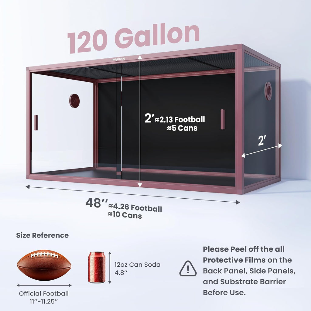 Phailozoo 120 Gallon Bearded Dragon Tank,Stackable Reptile Enclosure with Front Sliding Tempered Glass Doors,Easy Assembly Aluminum Frames Reptile Tank for Snake & Lizard