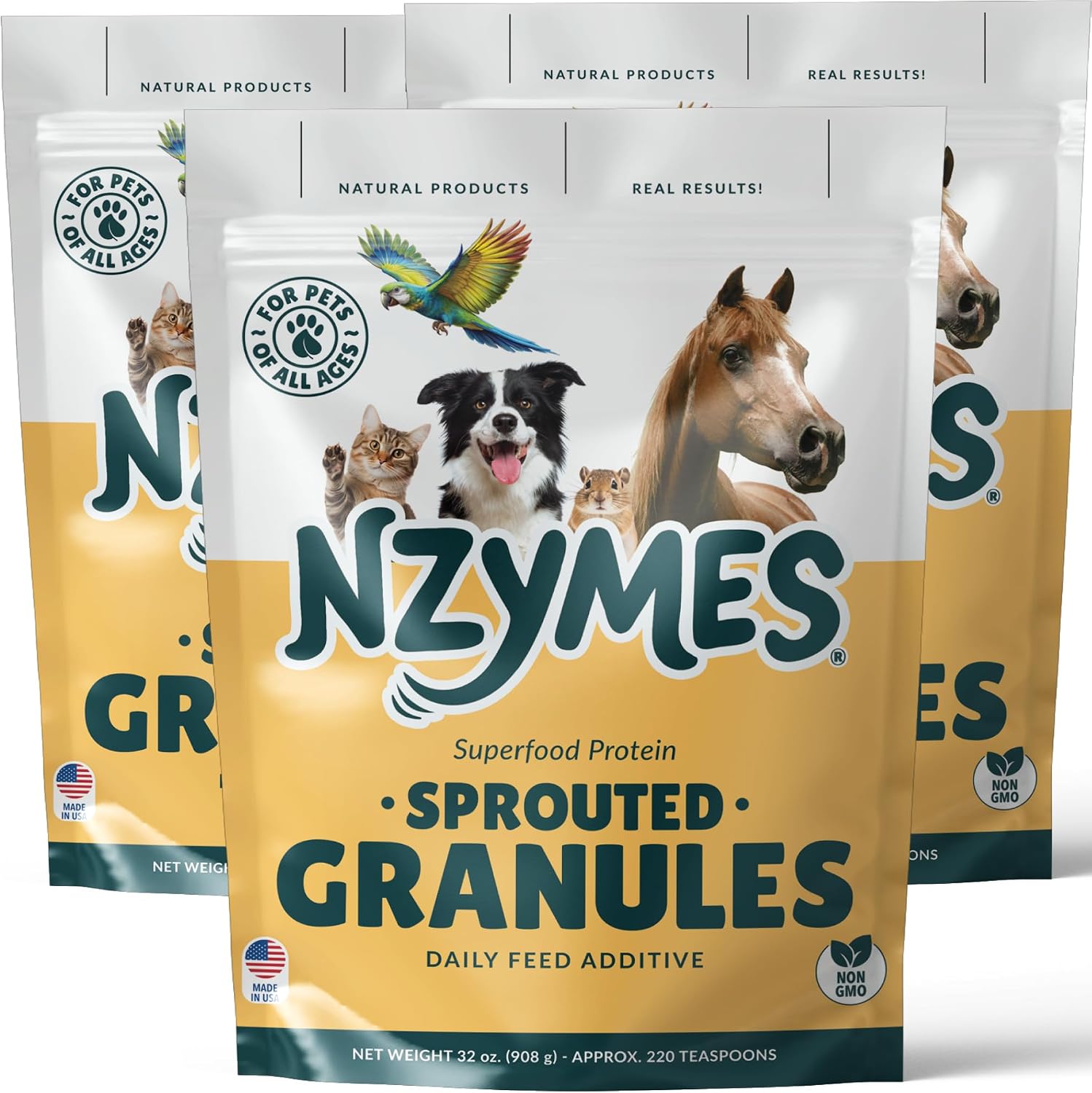 Nzymes® Sprouted Granules 2LBS (3 Pack) for Dogs, Cats, Horses, and Companion Pets. Raw Super-Food Protein and Antioxidant Nutrition. - 220 Servings - Made in the USA