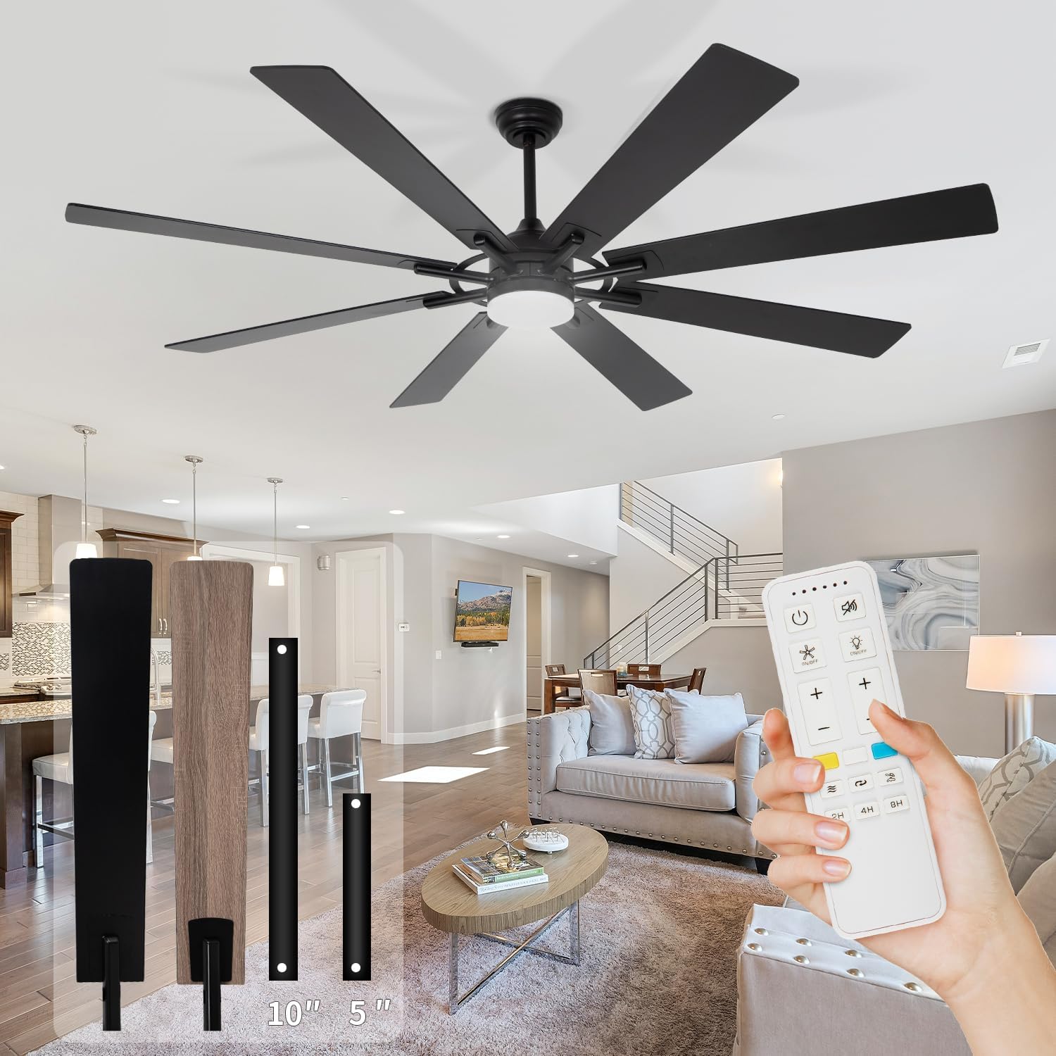 72 inch Large Ceiling Fans with Lights and Remote, Indoor/Outdoor Modern Ceiling Fan for Kitchen Living Room Patio, 6 Speed Reversible Quiet DC Motor, 3 CCT, Dual Finish 8 Blades