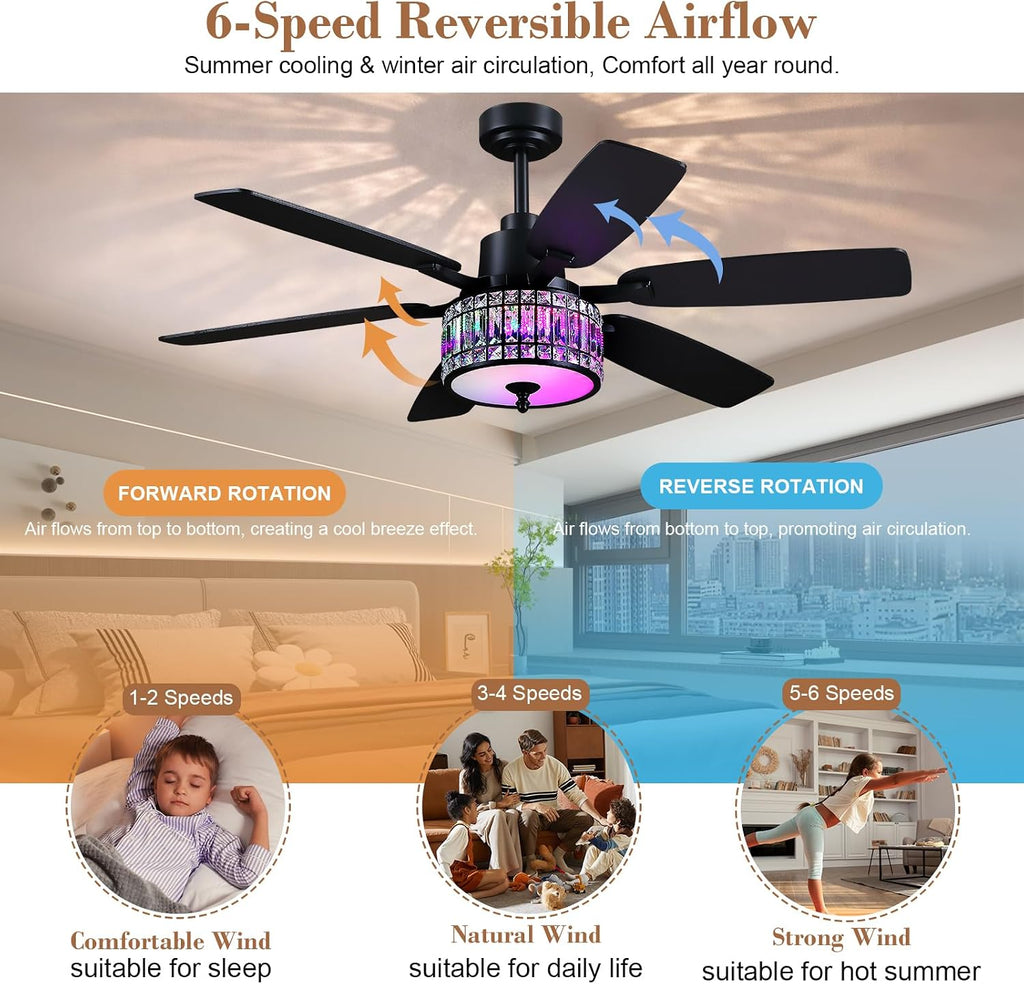 Kviflon 52 Inch Crystal Ceiling Fan with RGB Lights and Remote/APP Control, Black Fandelier Ceiling Fan with Light, Modern Chandelier Ceiling Fan for Bedroom Living Room, Quiet DC Motor, Dimmable LED