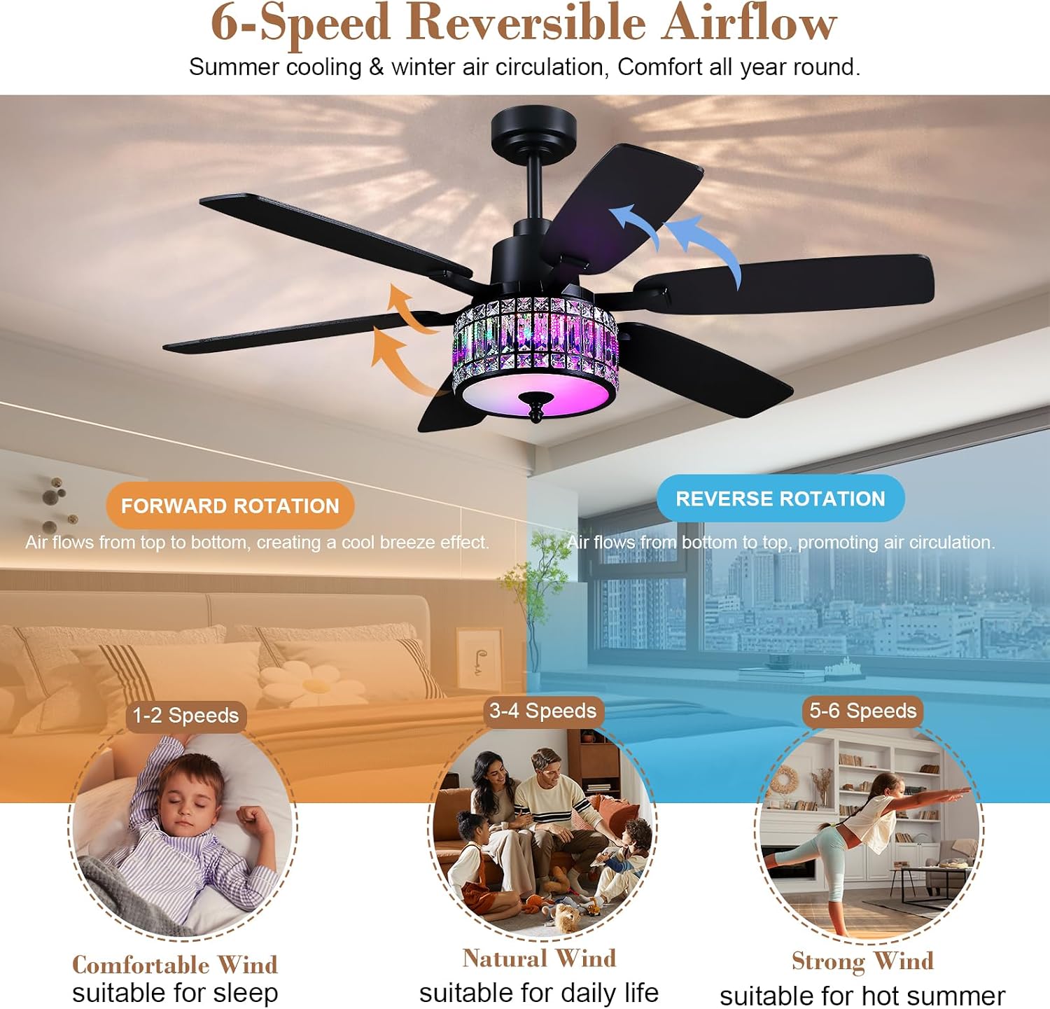 Kviflon 52 Inch Crystal Ceiling Fan with RGB Lights and Remote/APP Control, Black Fandelier Ceiling Fan with Light, Modern Chandelier Ceiling Fan for Bedroom Living Room, Quiet DC Motor, Dimmable LED