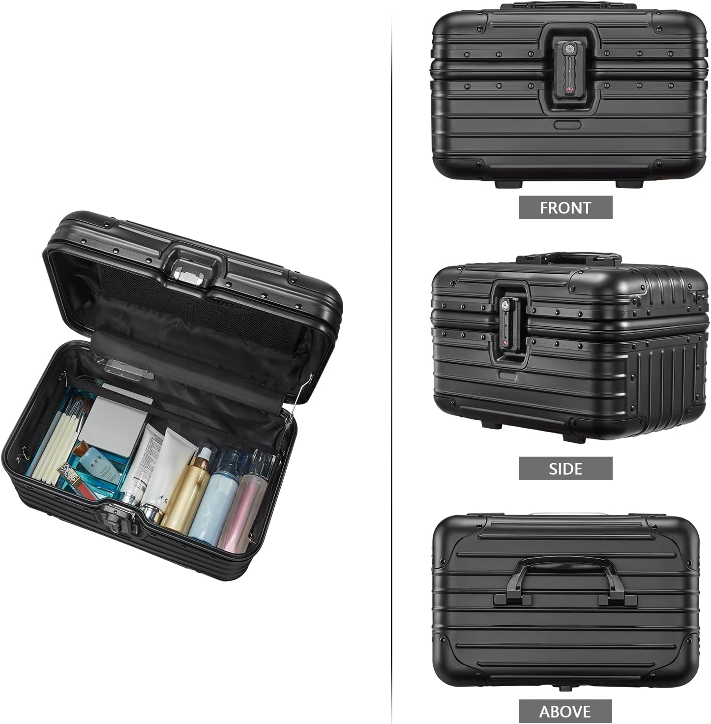 YUEMAI Hard Shell Cosmetic Case, Mini Aluminium Alloy Carrying Makeup Case Suitcase, Small Travel Hand Luggage With Elastic Band, For Make-Up Artist(Black)