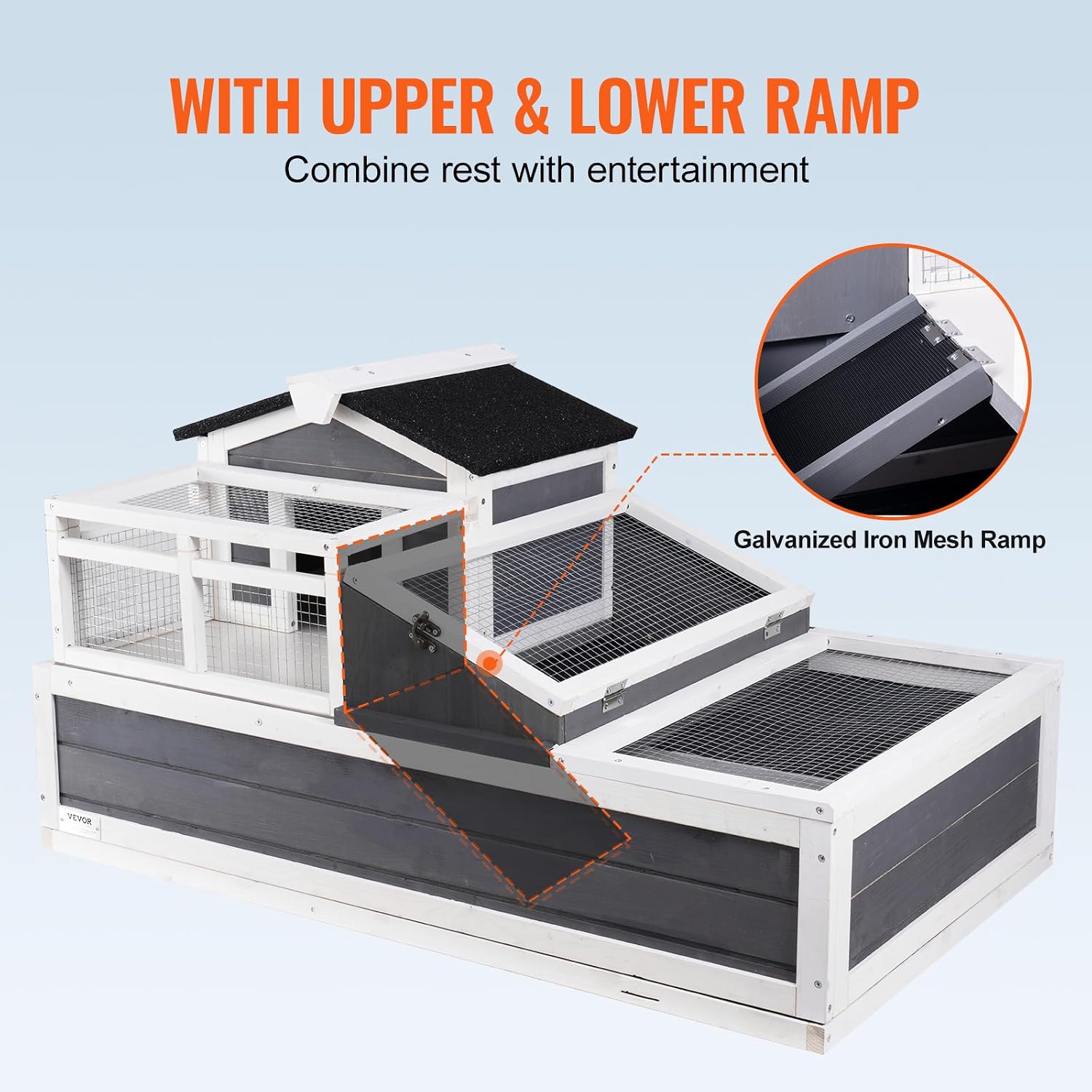 VEVOR 3-Room Tortoise House,Tortoise Habitat with Balcony & 2 Stories, Wooden Tortoise Enclosure Indoor & Outdoor with Ramp, Tray, Openable Roof, Large Reptile Cage, 44' x 25.6'x 24'